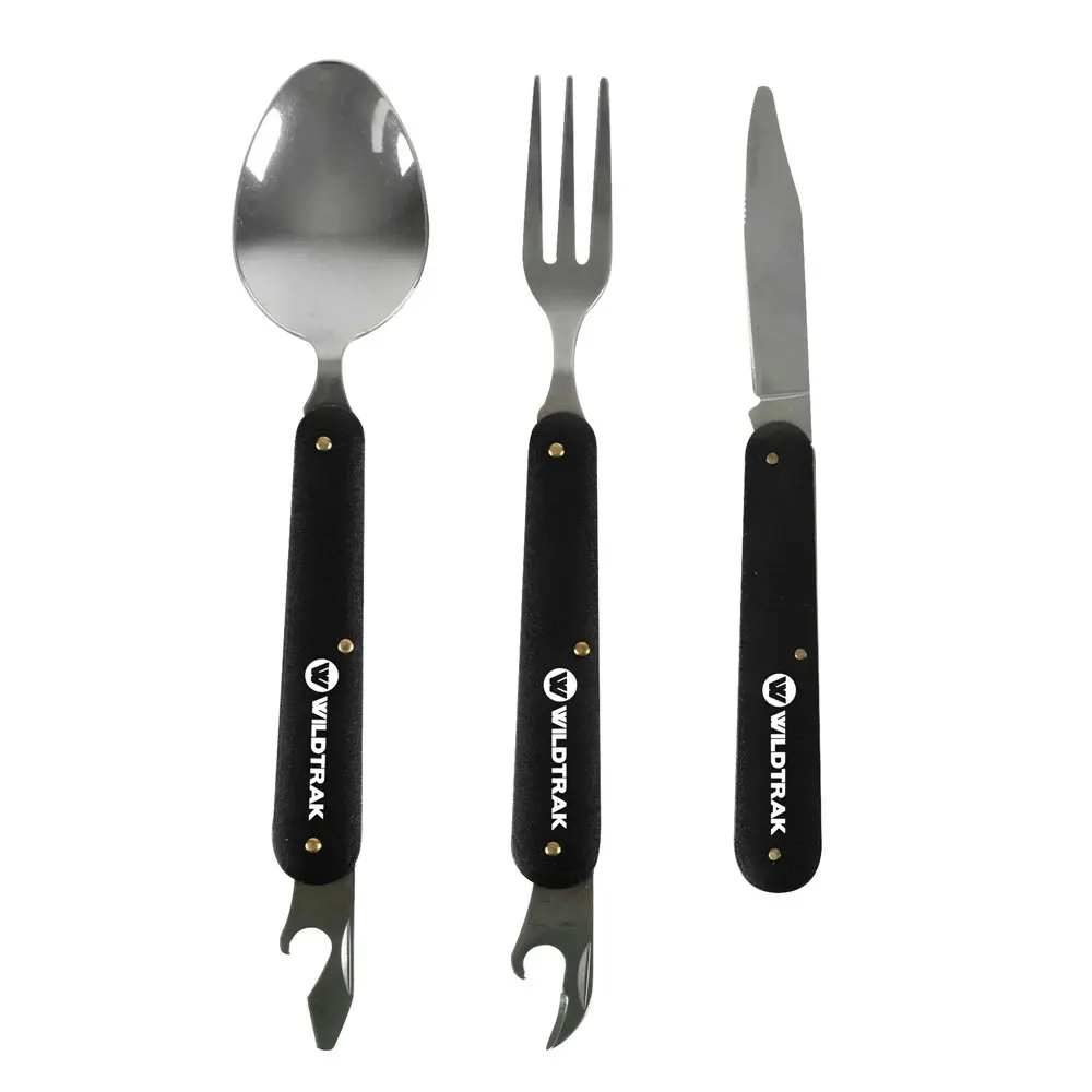 2x 3pc Wildtrak Foldable Camping Knife/Spoon/Fork Cutlery Utensil Set w/ Bag BLK