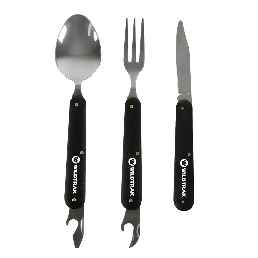 3pc Wildtrak Foldable Camping Knife/Spoon/Fork Cutlery Utensil Set w/ Bag Black