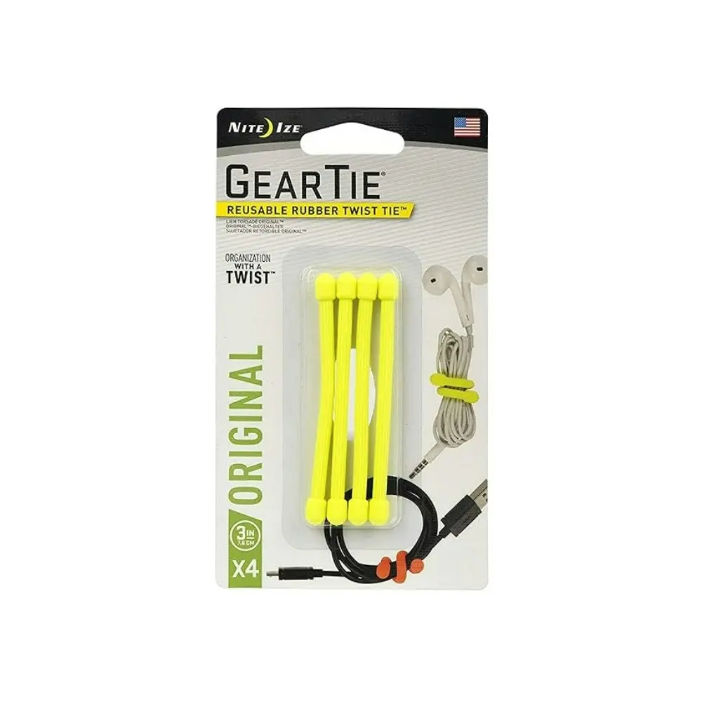 8pc Nite Ize 3in Rubber Gear Tie Reusable Wire Twist Cable Organiser Pack Yellow