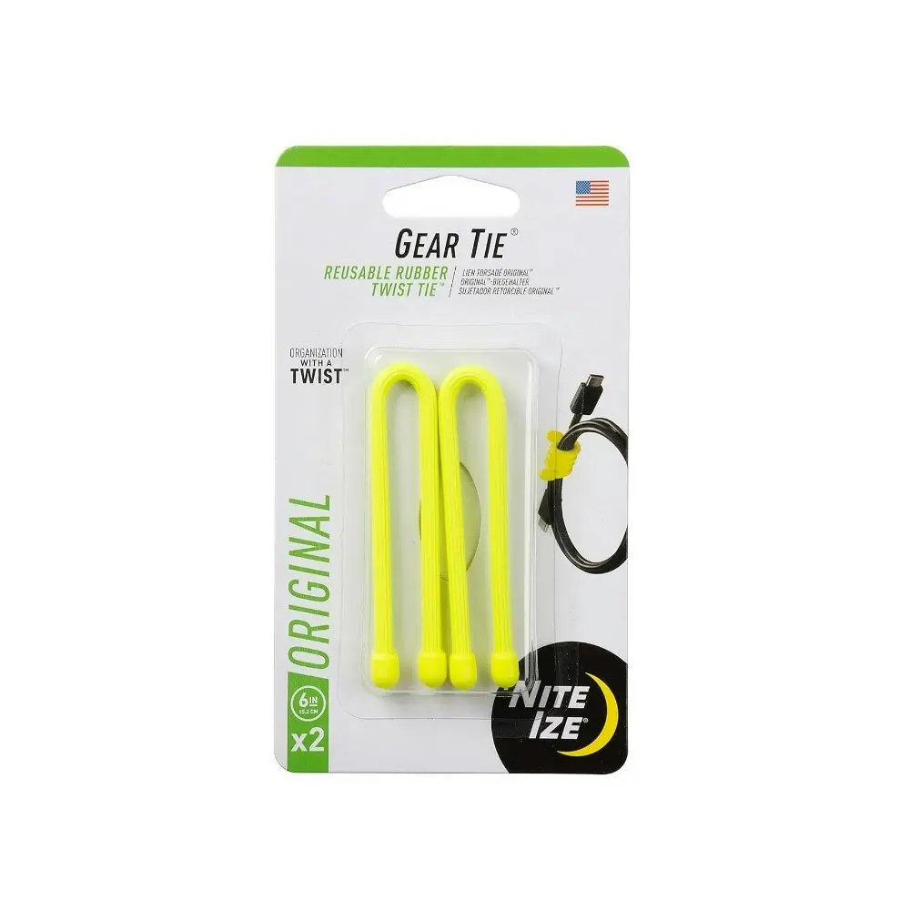 8pc Nite Ize 6in Rubber Gear Tie Reusable Wire Twist Cable Organiser Pack Yellow