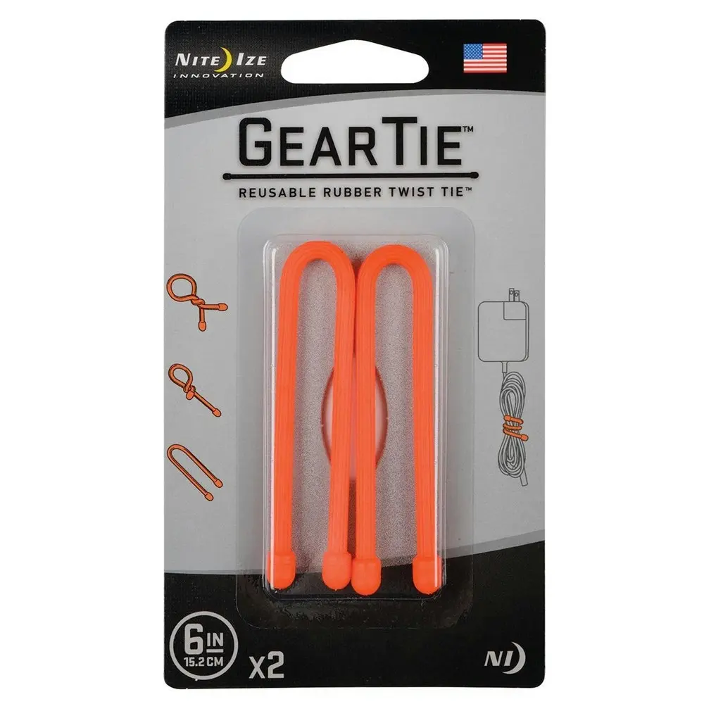 4pc Nite Ize Gear Tie 6in Reusable Rubber Twist Wire Cord Cable Organiser Orange