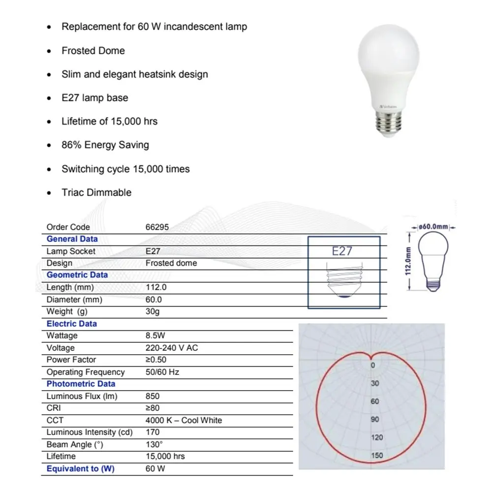 6x Verbatim E27 Screw Cool White Classic A Dimmable Light Globe 8.5W/850lm/4000K