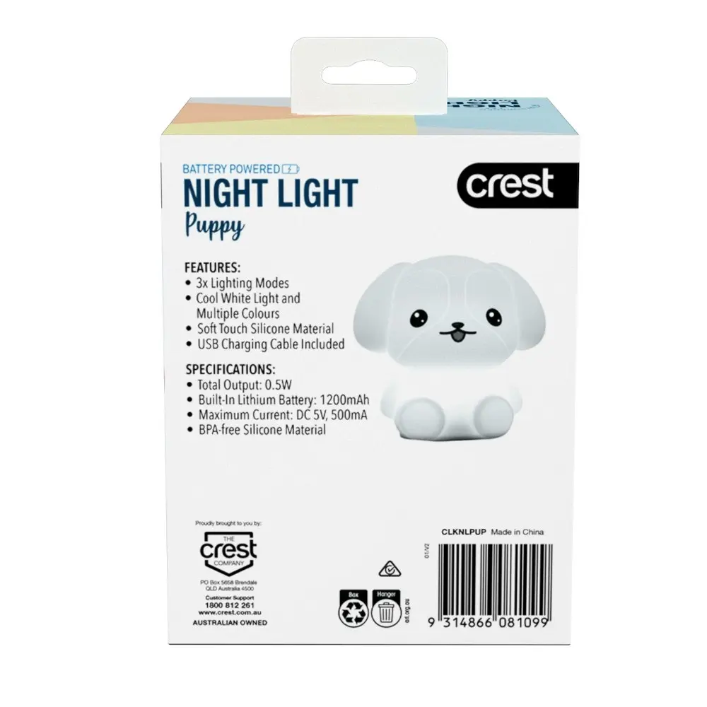 Crest Kids Rechargeable Silicone Puppy Night Light Colour Changing Lamp White