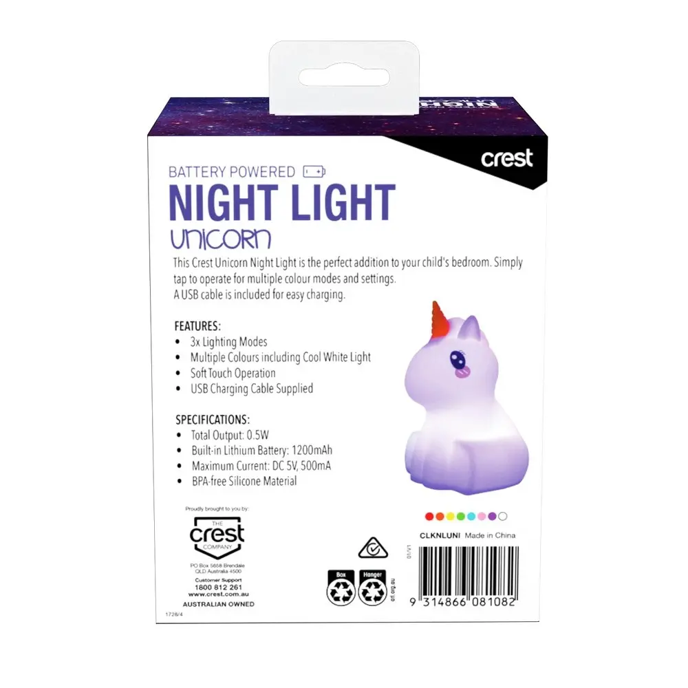 Crest Kids Rechargeable Silicone Unicorn Night Light Colour Changing Lamp White