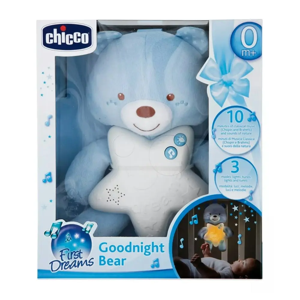 Chicco Toy 25.5cm GoodNight Bear Plush Baby Night Light Hanging Decor 0m+ Blue