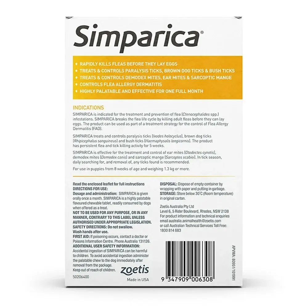 Simparica Yellow For Puppies (1.25-2.5kg) - 3 Pack, 6 Pack & 12 Pack