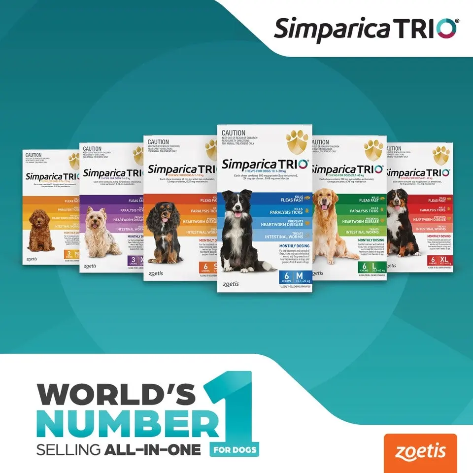 Simparica Trio Blue For Medium Dogs (10.1-20kg) - 3 Pack, 6 Pack & 12 Pack