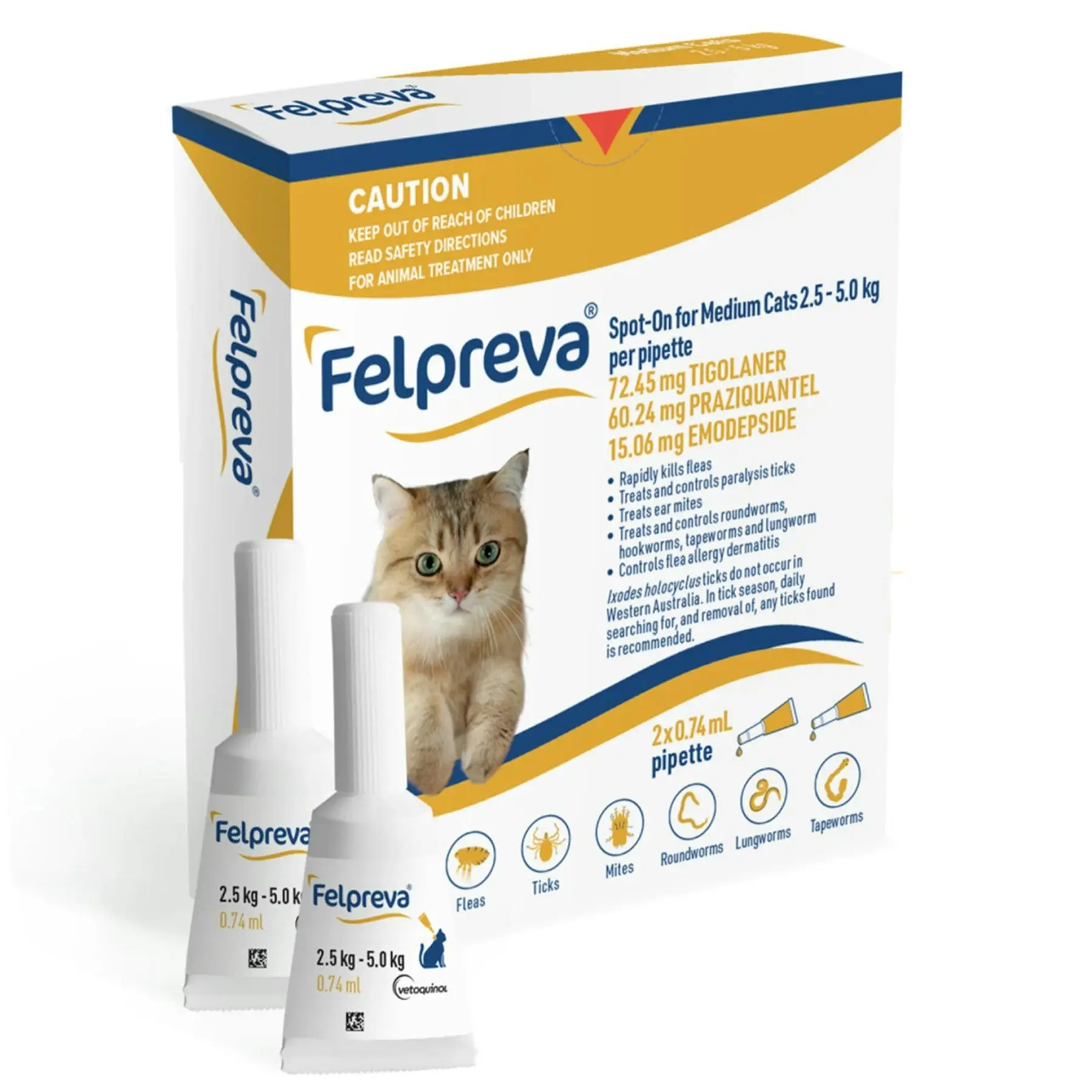 Felpreva Cat Spot On Flea Tick and Worming Treatment 2.5KG-5KG (Yellow)