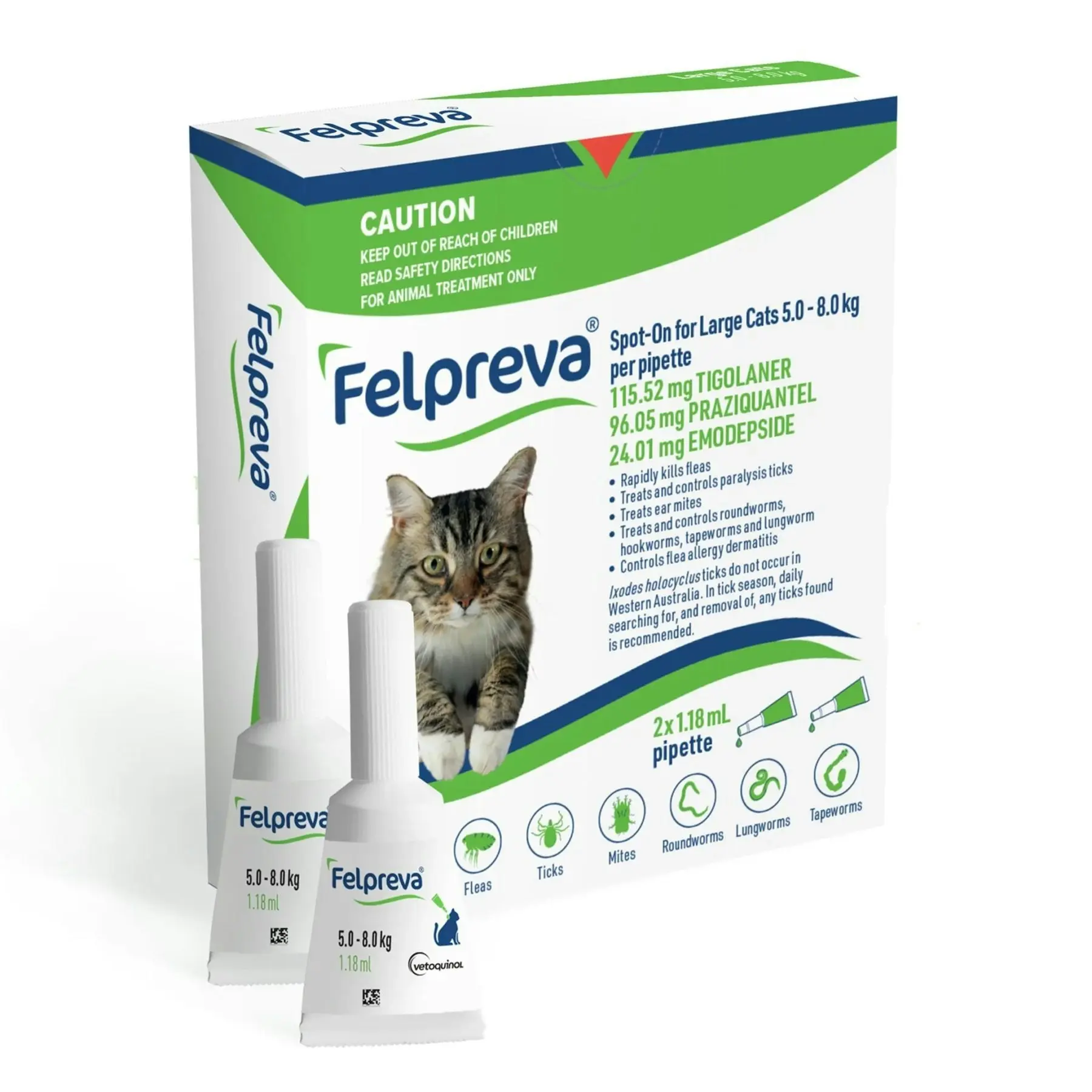 Felpreva Cat Spot On Flea Tick and Worming Treatment 5KG-8KG (Green)