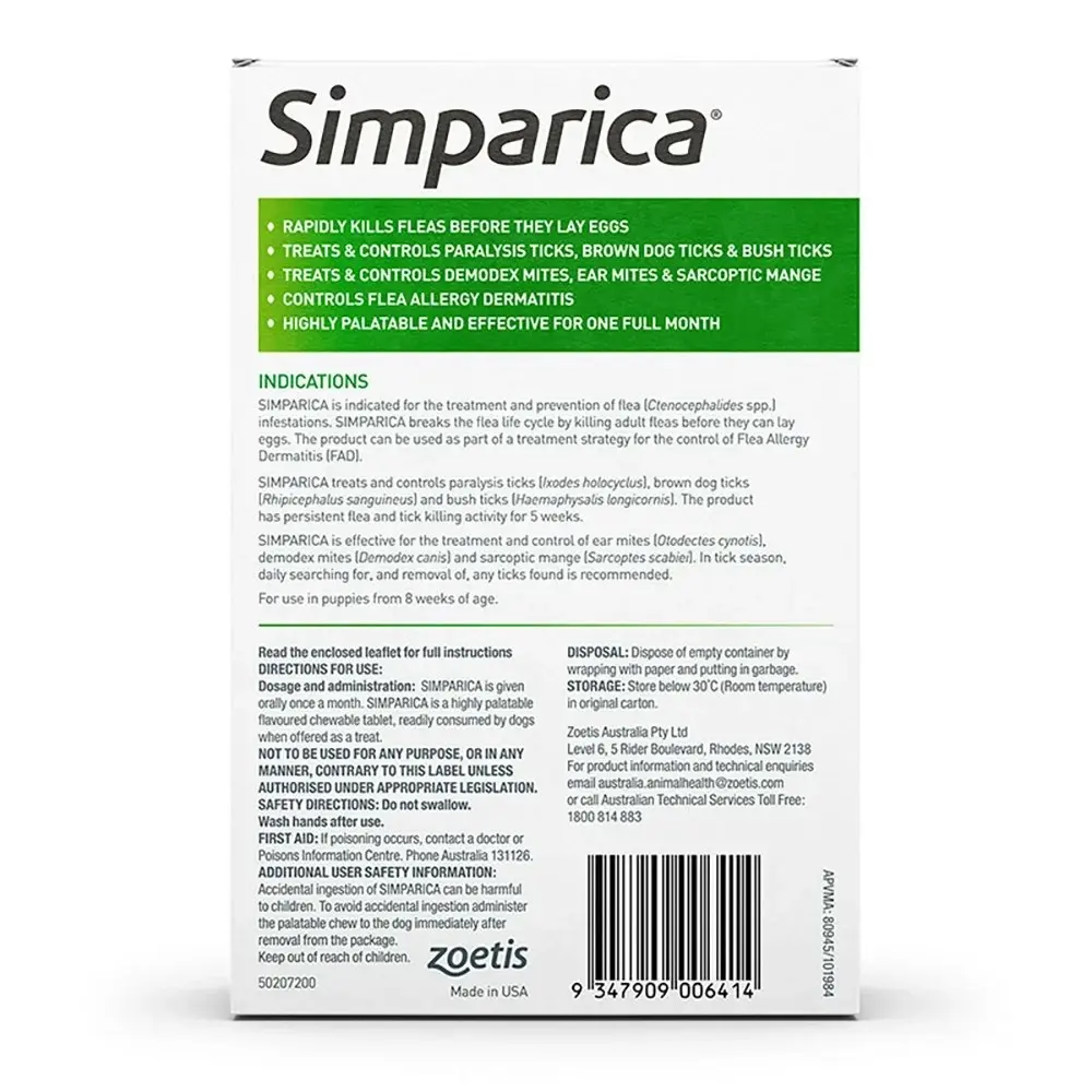 Simparica Green For Large Dogs (20.1-40kg) - 3 Pack, 6 Pack & 12 Pack