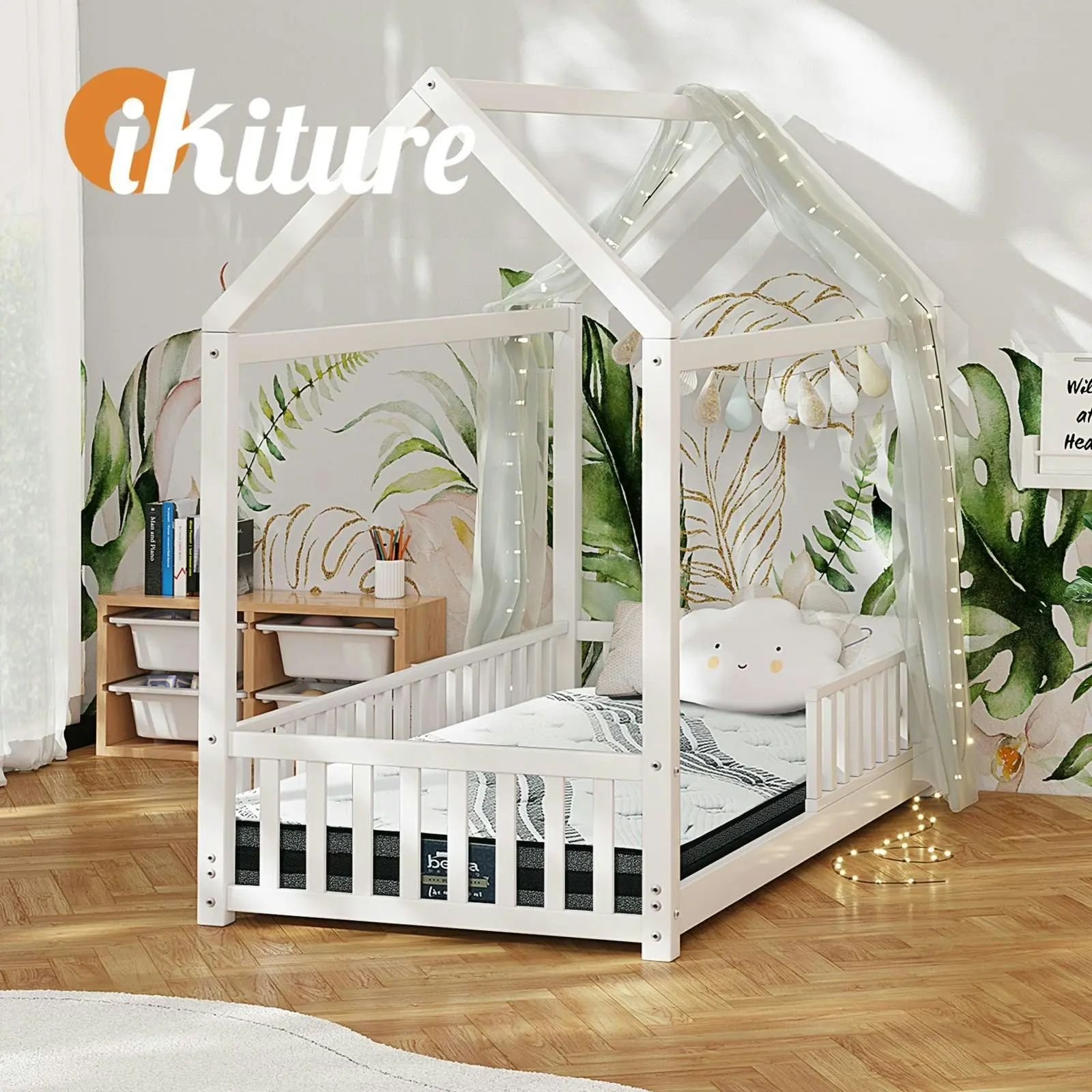 Oikiture Kids Wooden Bed Frame and Mattress Set House Base White