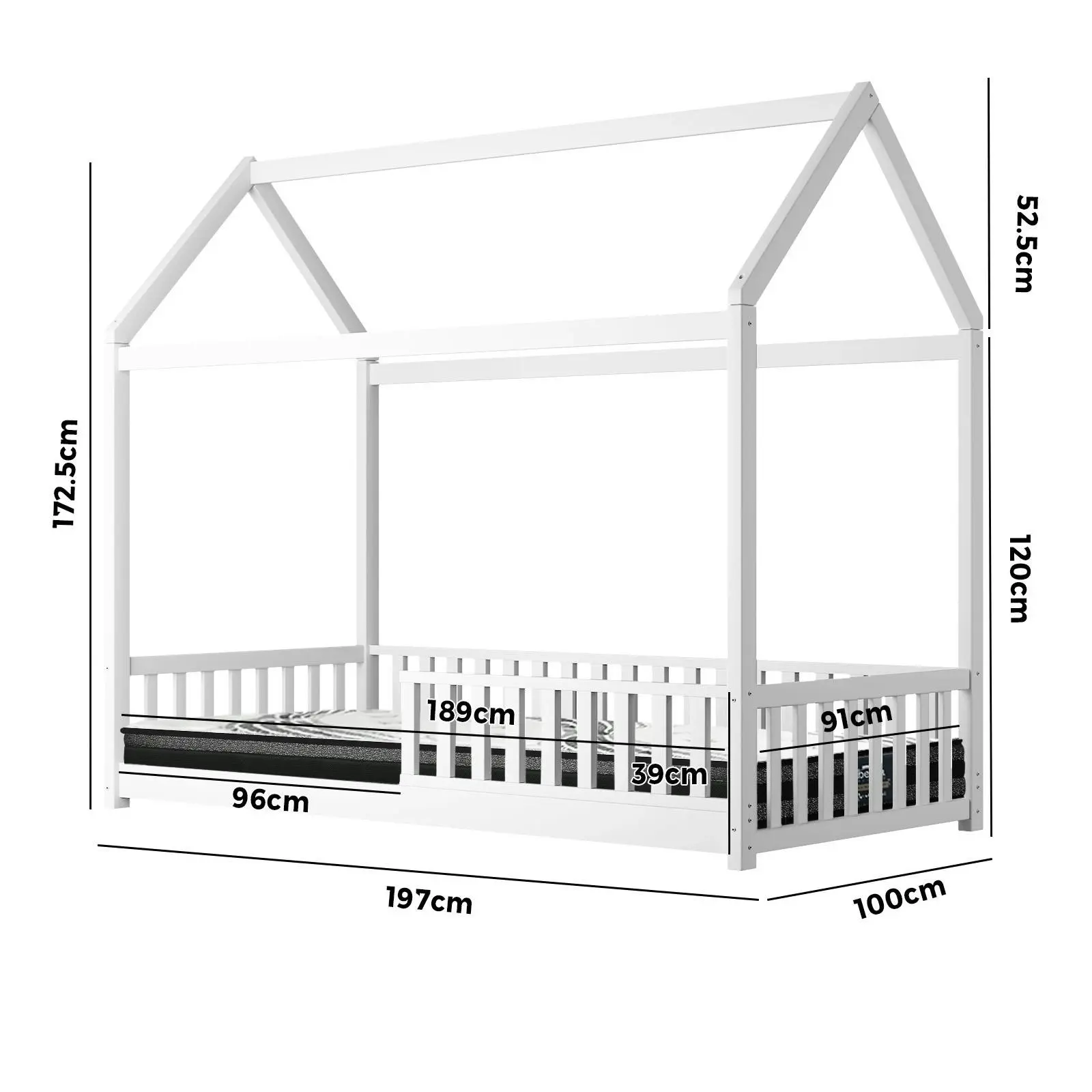 Oikiture Kids Wooden Bed Frame and Mattress Set House Base White