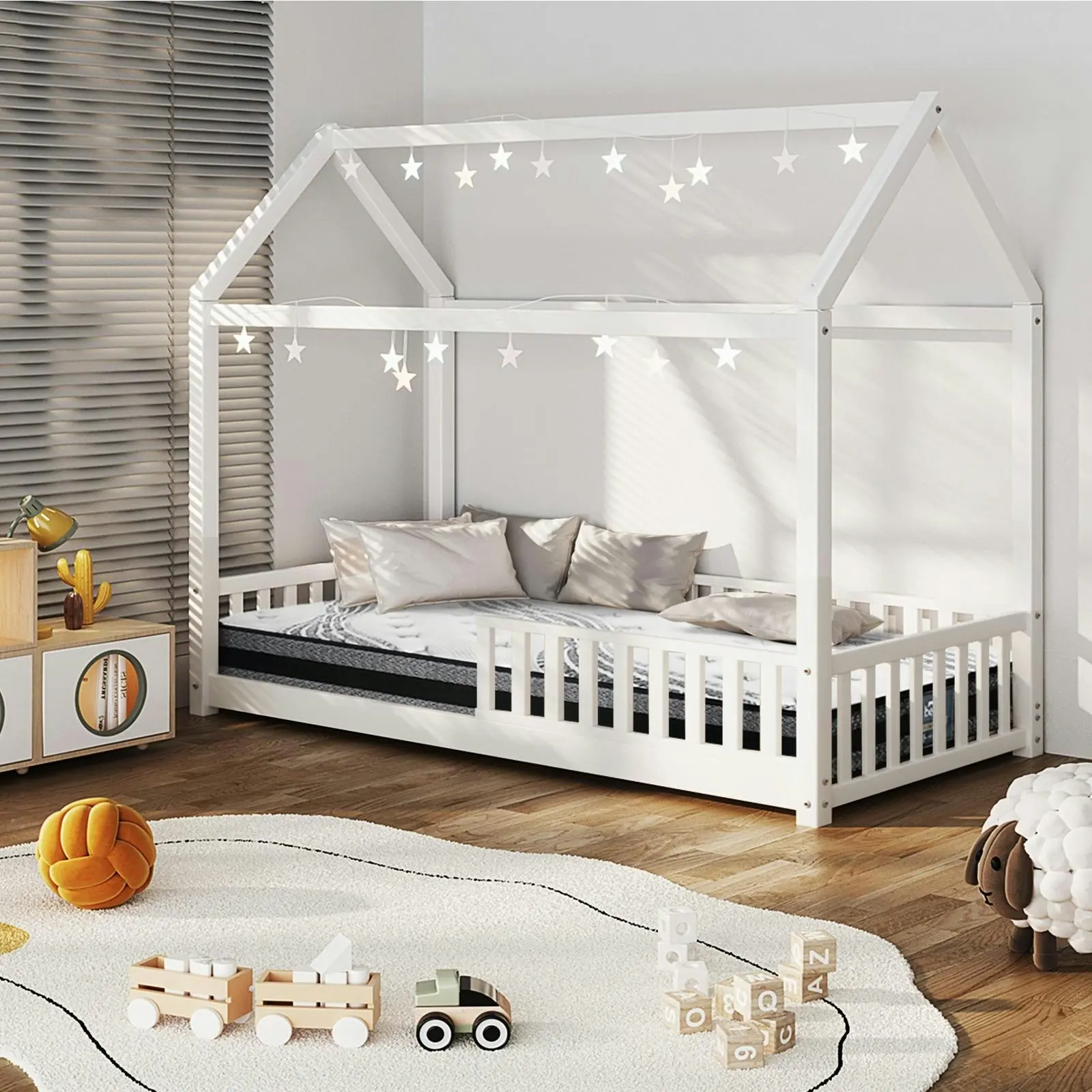 Oikiture Kids Wooden Bed Frame and Mattress Set House Base White