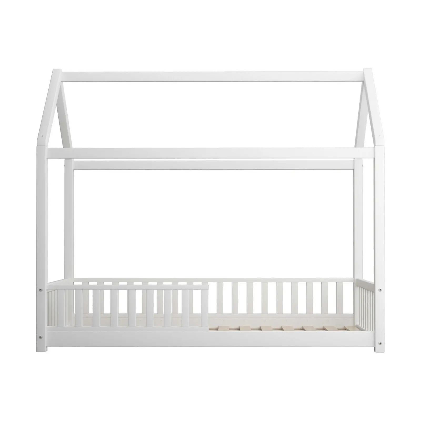 Oikiture Kids Wooden Bed Frame and Mattress Set House Base White