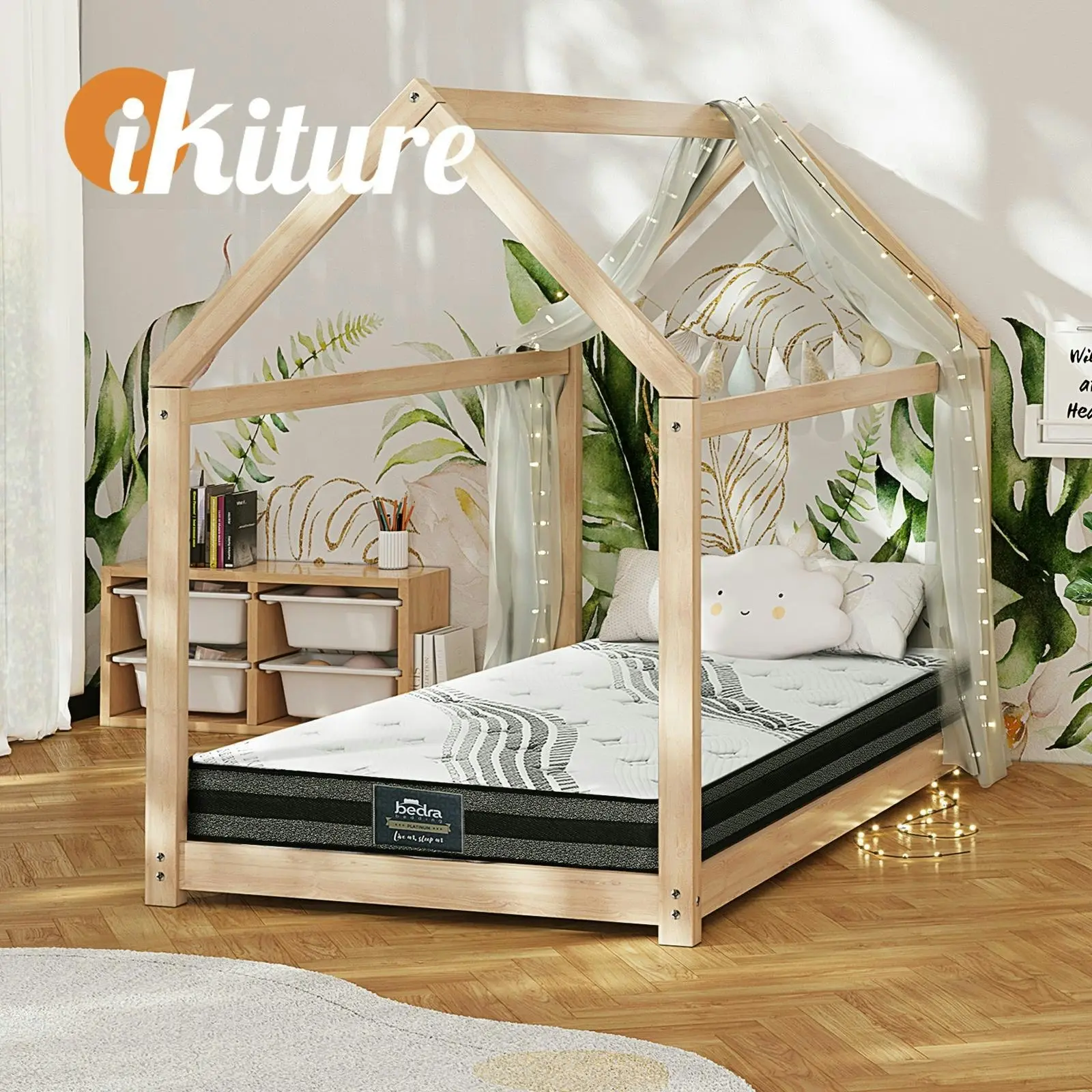 Oikiture Kids Wooden Bed Frame with Mattress Montessori House Timber