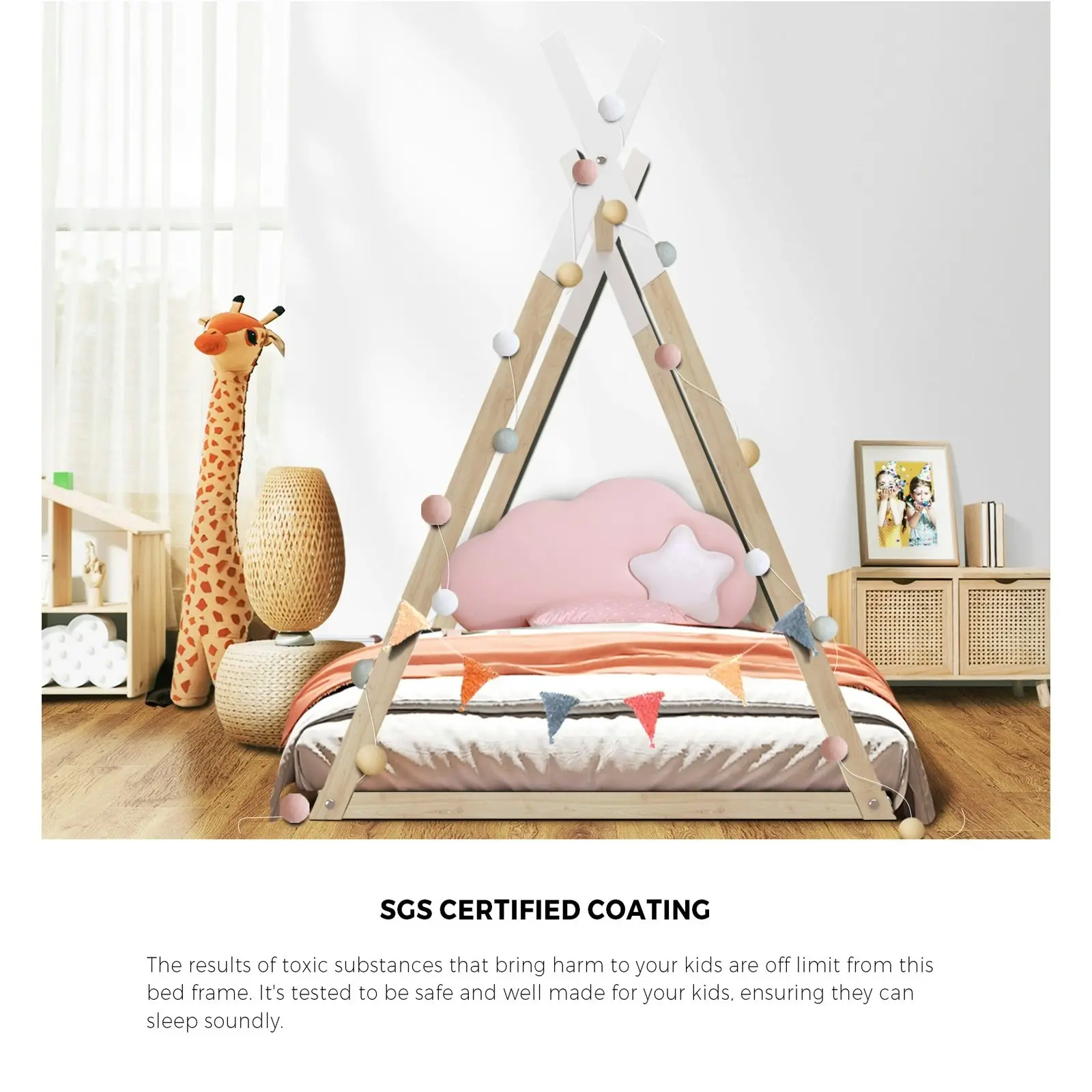 Oikiture Kids Bed Frame and Mattress Set Wooden Teepee House