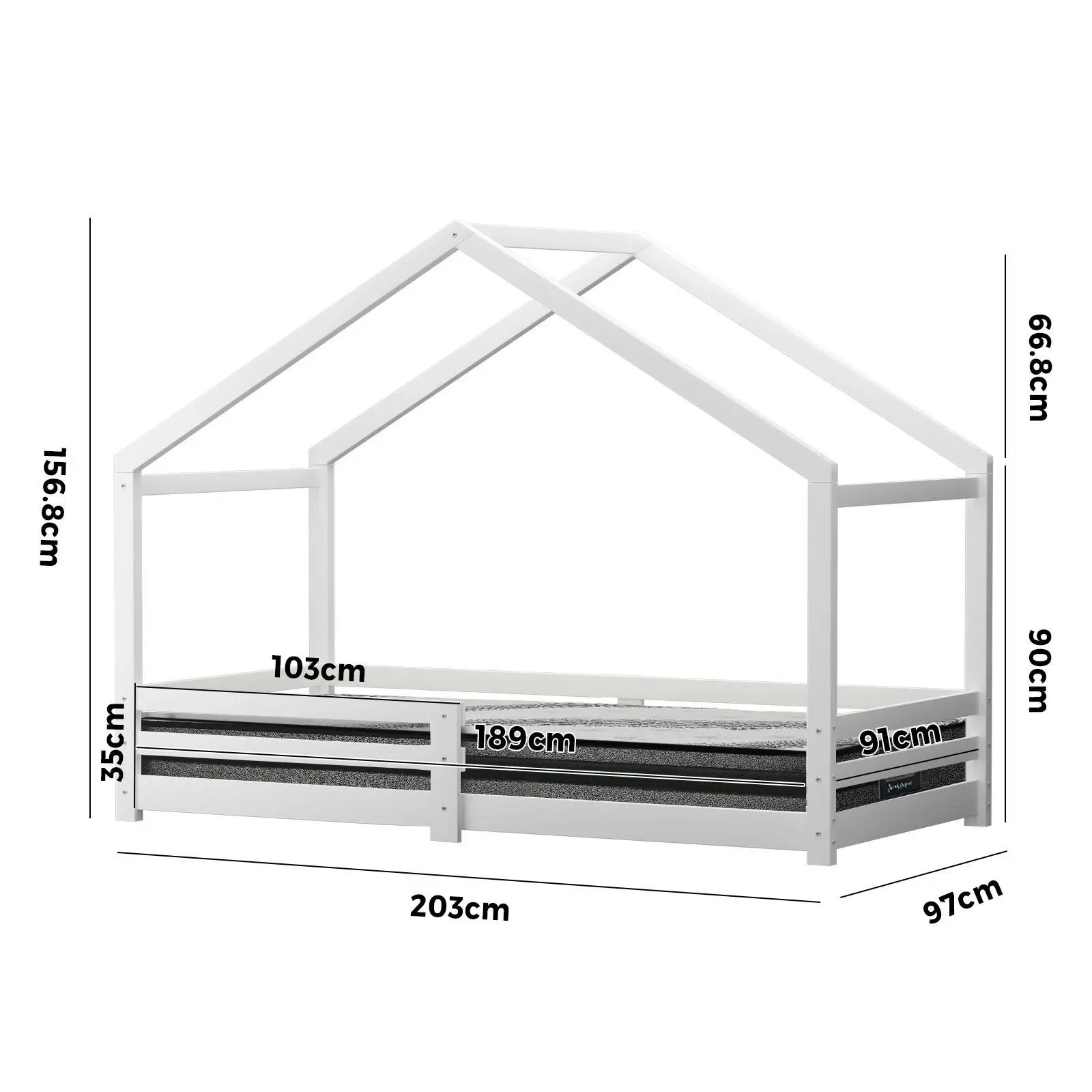 Oikiture Kids Bed Frame Mattress Wooden Timber House Montessori White