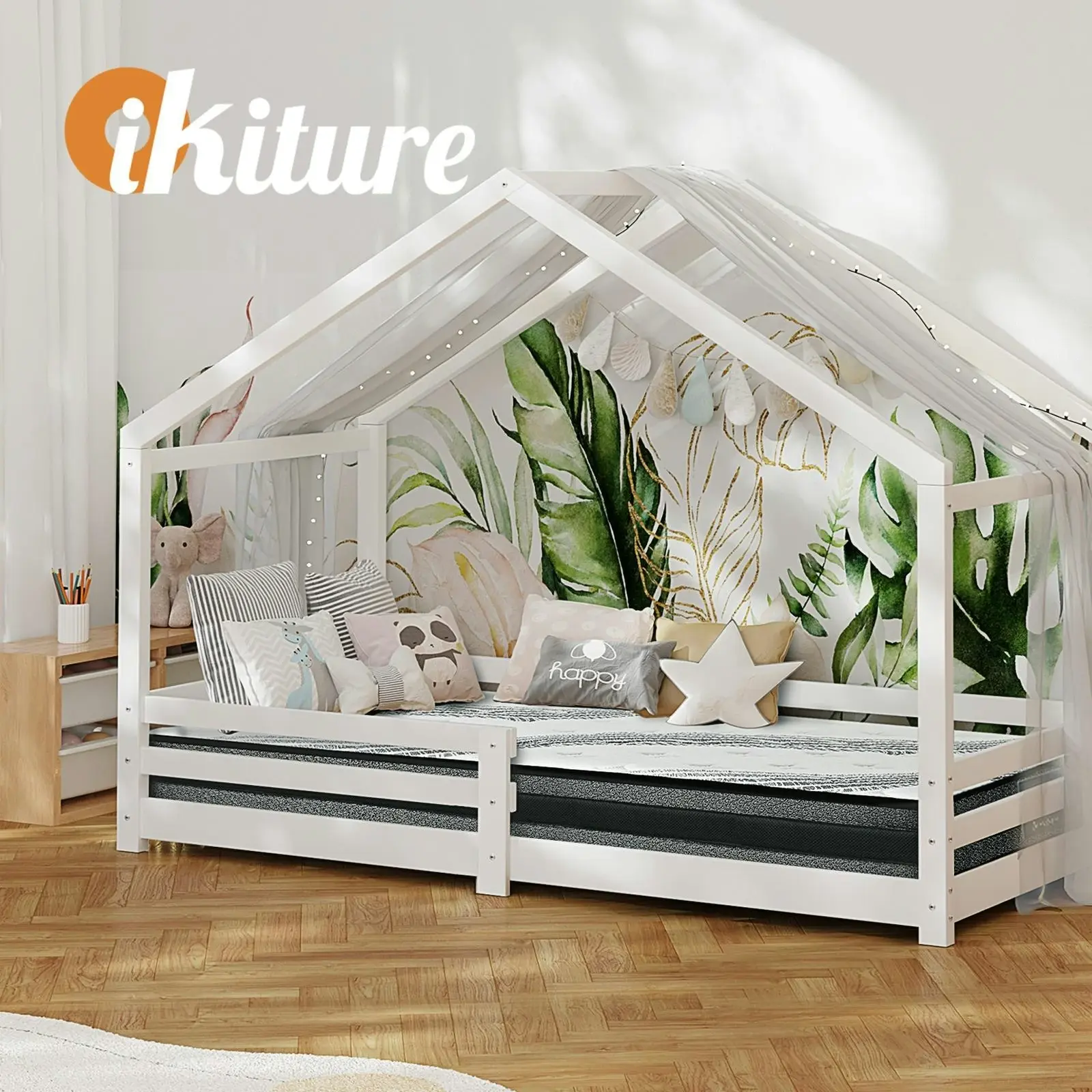 Oikiture Kids Bed Frame Mattress Wooden Timber House Montessori White