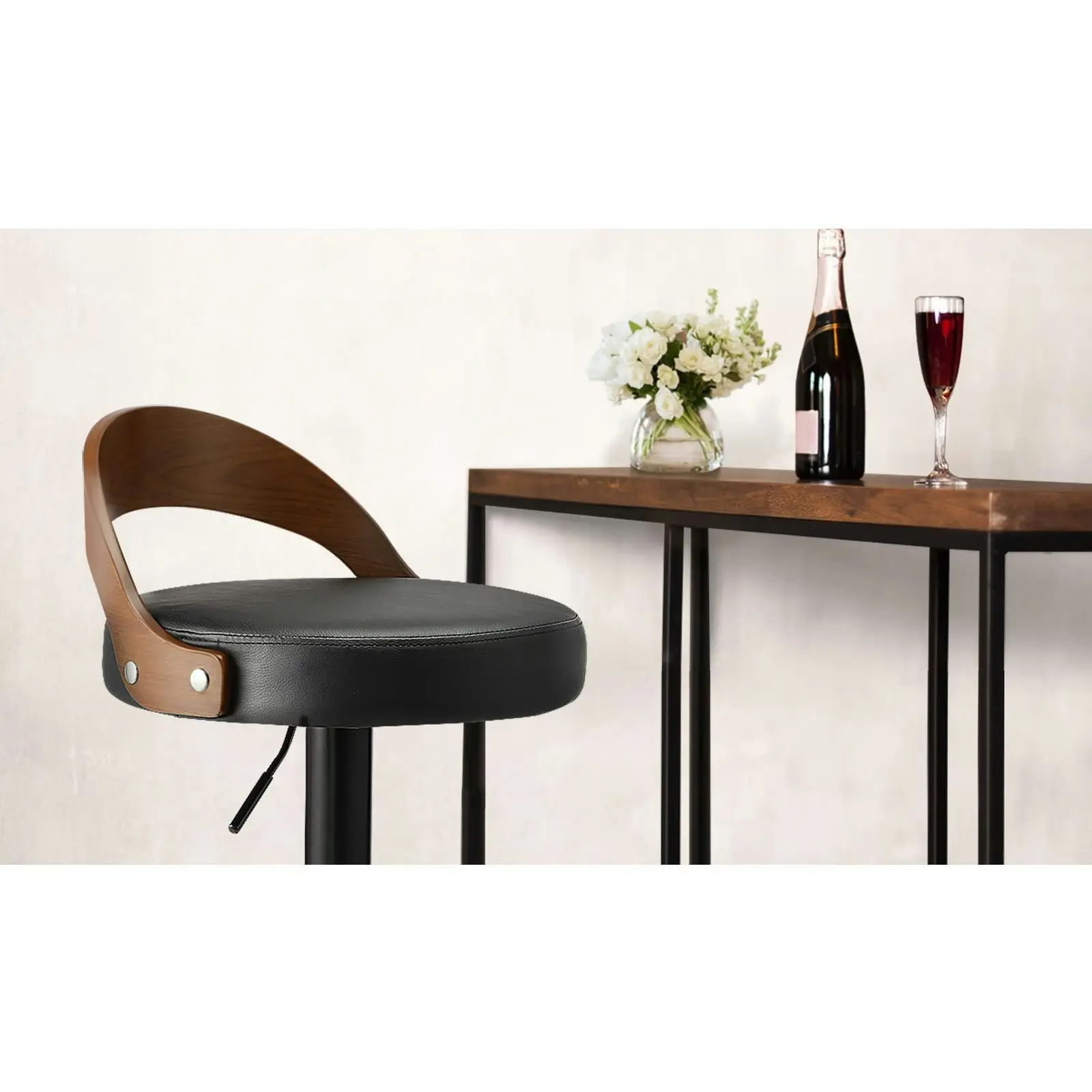 Oikiture Kitchen Bar Stools Gas Lift Swivel Chairs Stool Wooden PU Leather x2