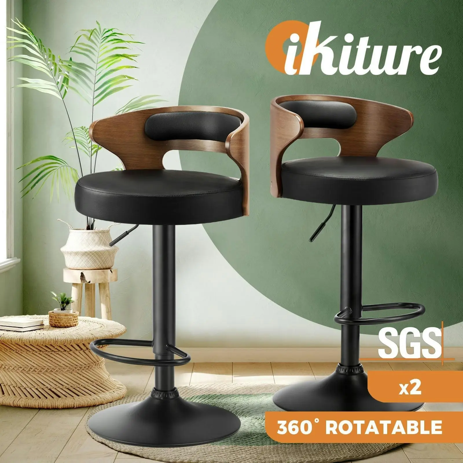 Oikiture 2x Bar Stools Kitchen Gas Lift Swivel Chairs Stool Wooden Barstool Black