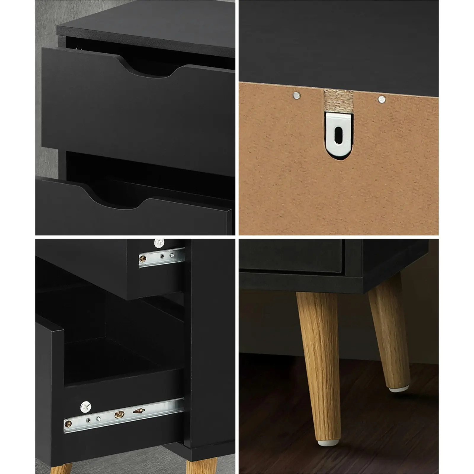 Oikiture Bedside Tables 2 Drawers Side Table Bedroom Furniture Storage Black