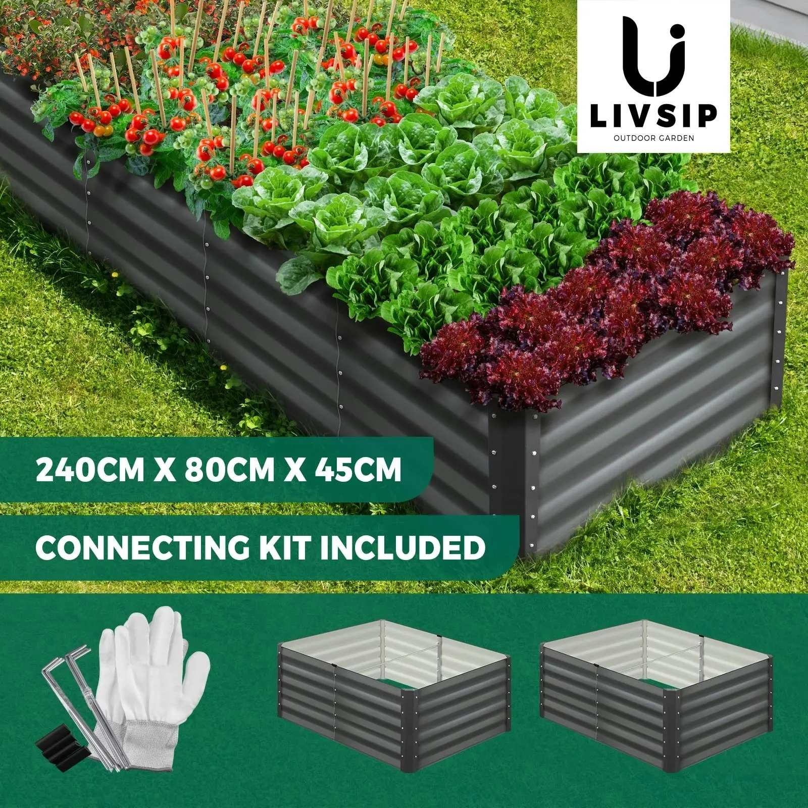 Livsip Garden Raised Bed Vegetable Planter Kit Galvanised Steel 240x80x45CM