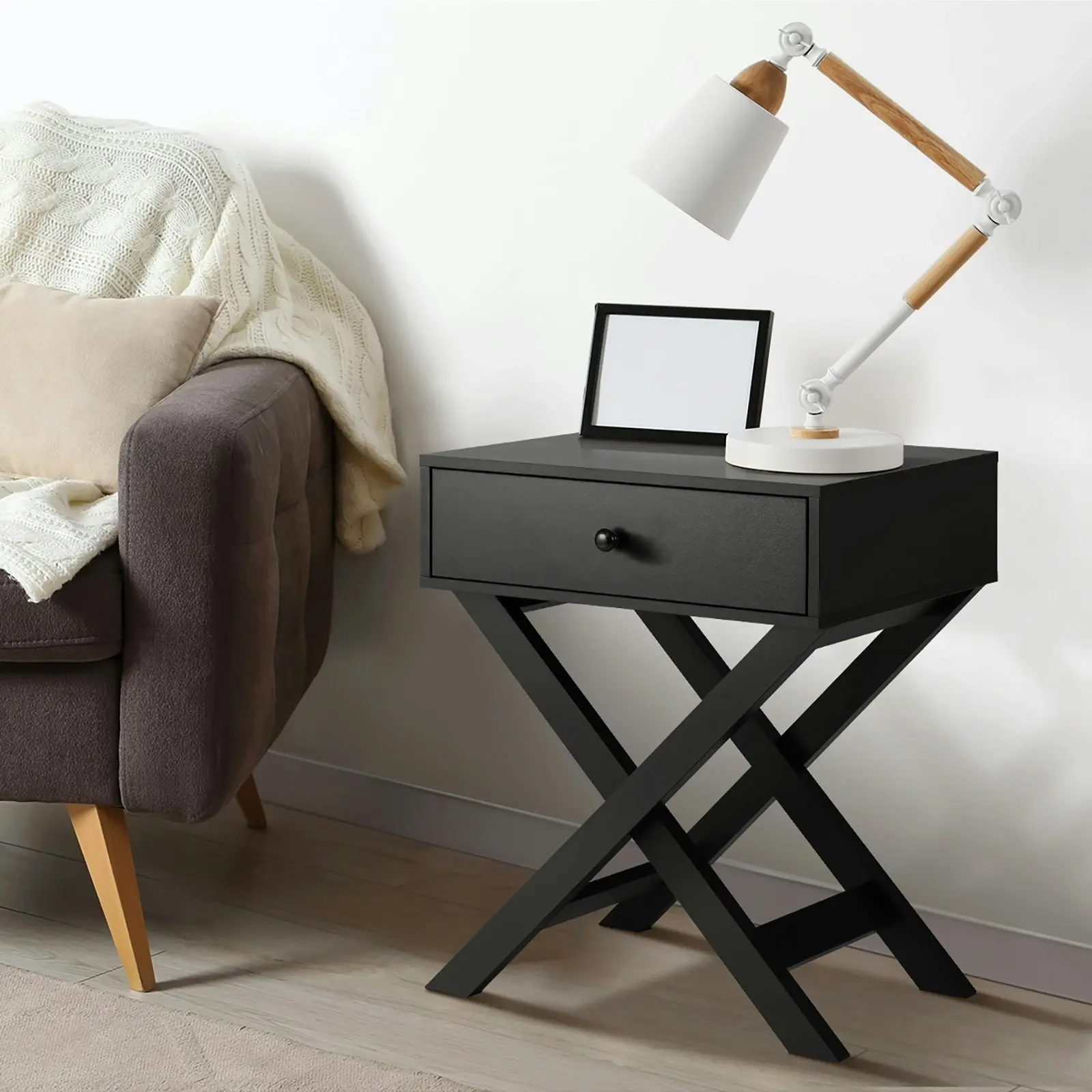 Oikiture Bedside Table Drawer Side Table Black Bedroom Storage Cabinet Furniture