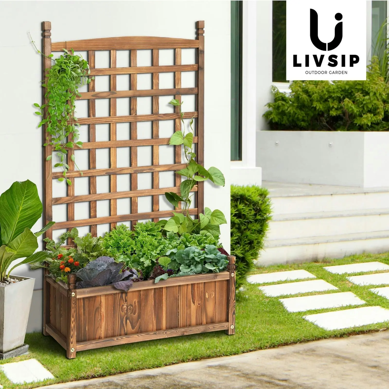 Livsip Raised Garden Bed Wooden Planter Box Vegetables Outdoor Planting 64x115cm