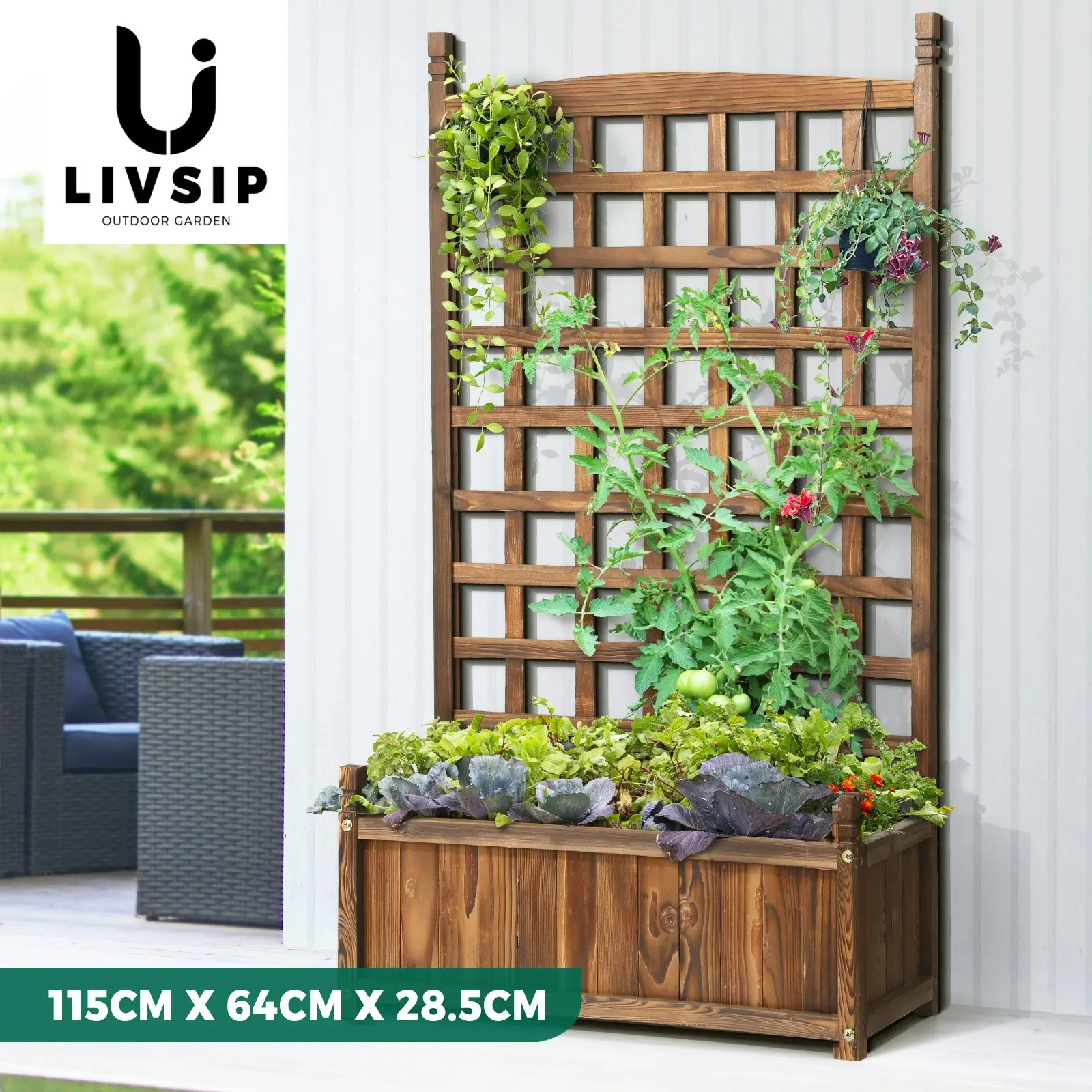 Livsip Raised Garden Bed Wooden Planter Box Vegetables Outdoor Planting 64x115cm