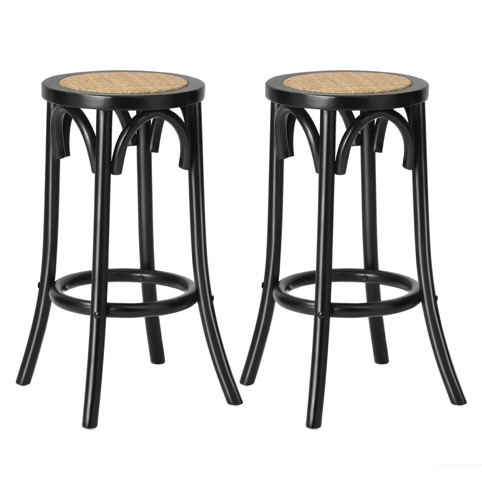 Oikiture 2x Bar Stools Kitchen Vintage Dining Chair Rattan Seat Black