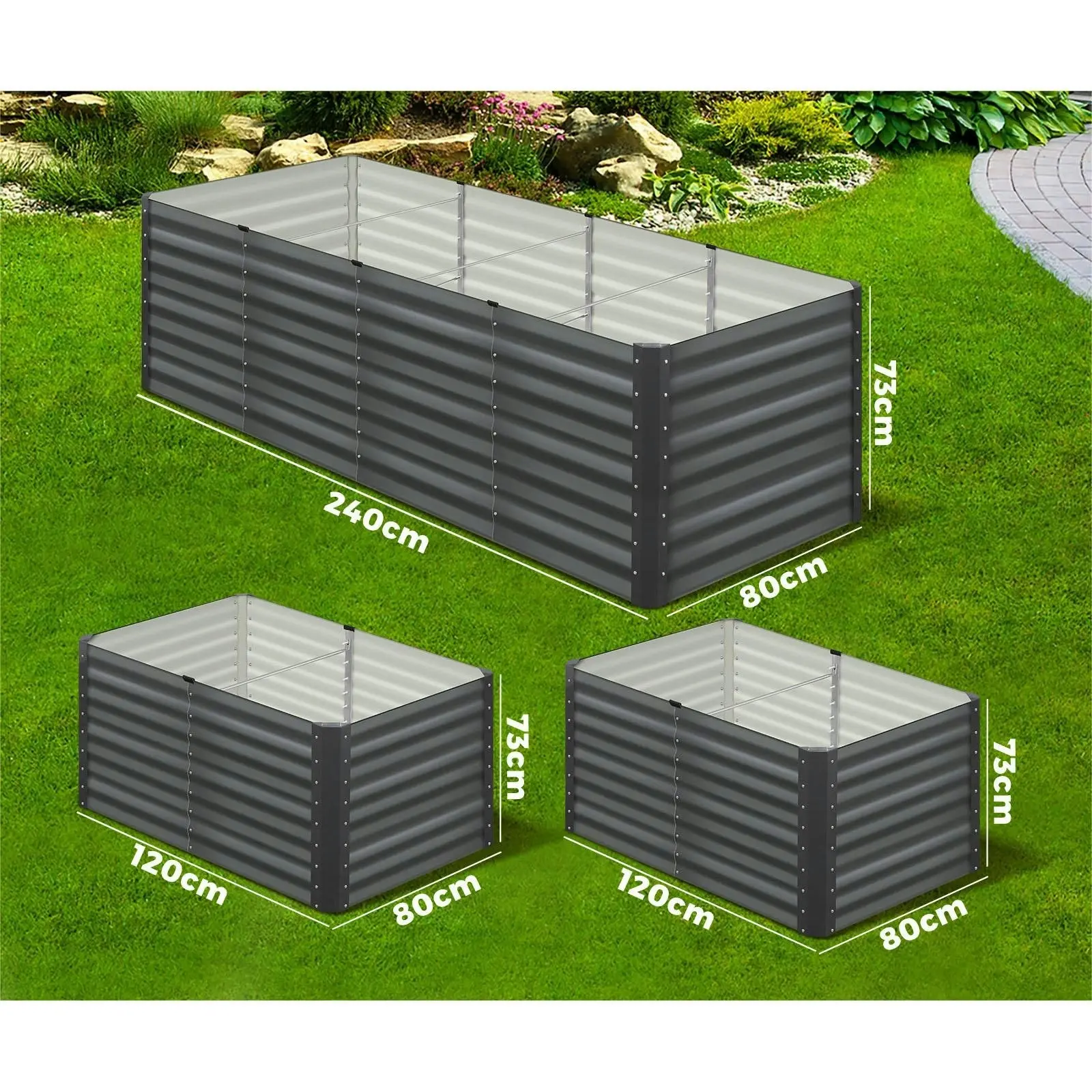 Livsip x2 Garden Bed Kits Raised Vegetable Planter Galvanised Steel 240x80x73CM