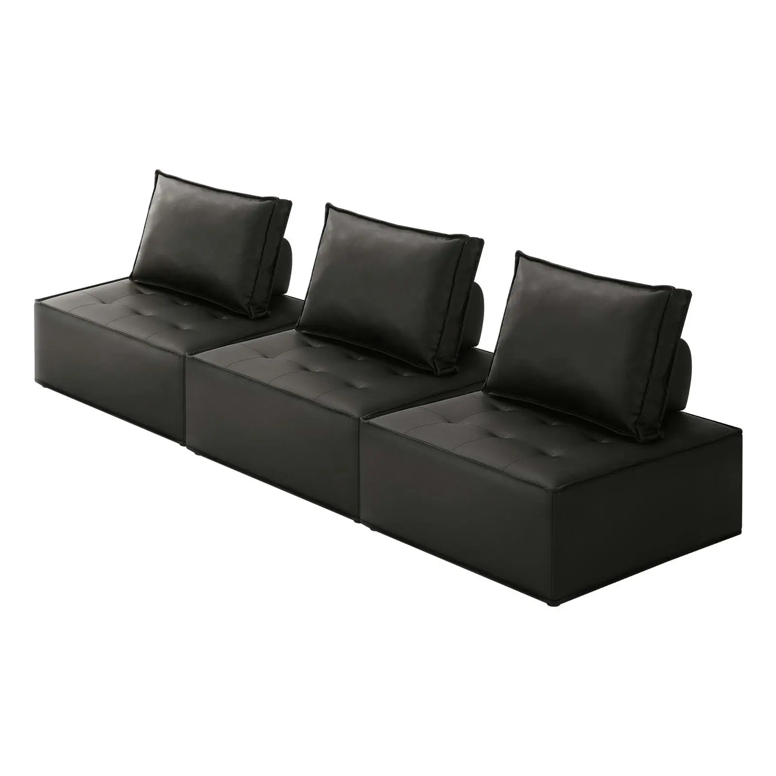 Oikiture 3PC Modular Sofa Lounge Chair Armless TOFU Back PU Leather Black