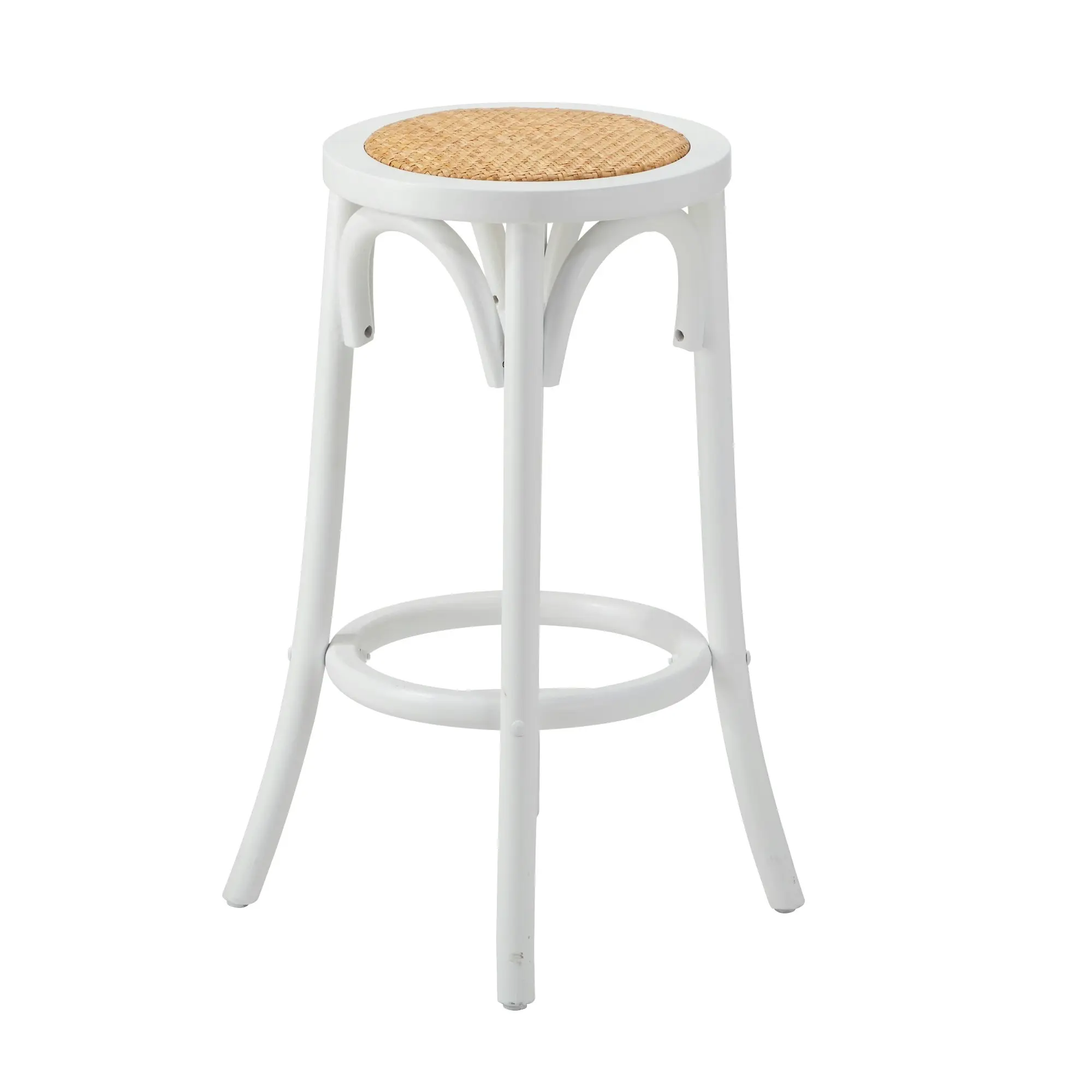 Oikiture 2x Bar Stools Kitchen Vintage Dining Chair Rattan Seat White