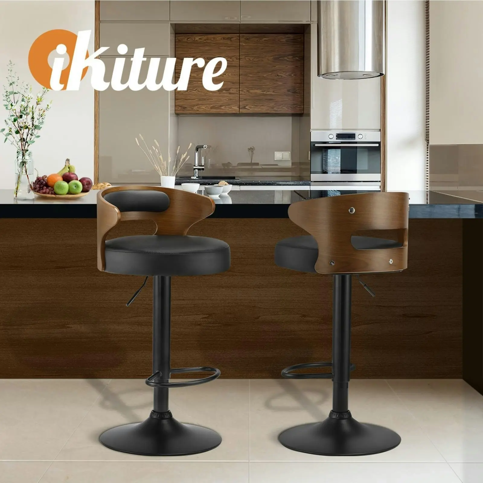 Oikiture 4x Bar Stools Kitchen Gas Lift Swivel Chairs Stool Wooden Barstool Black