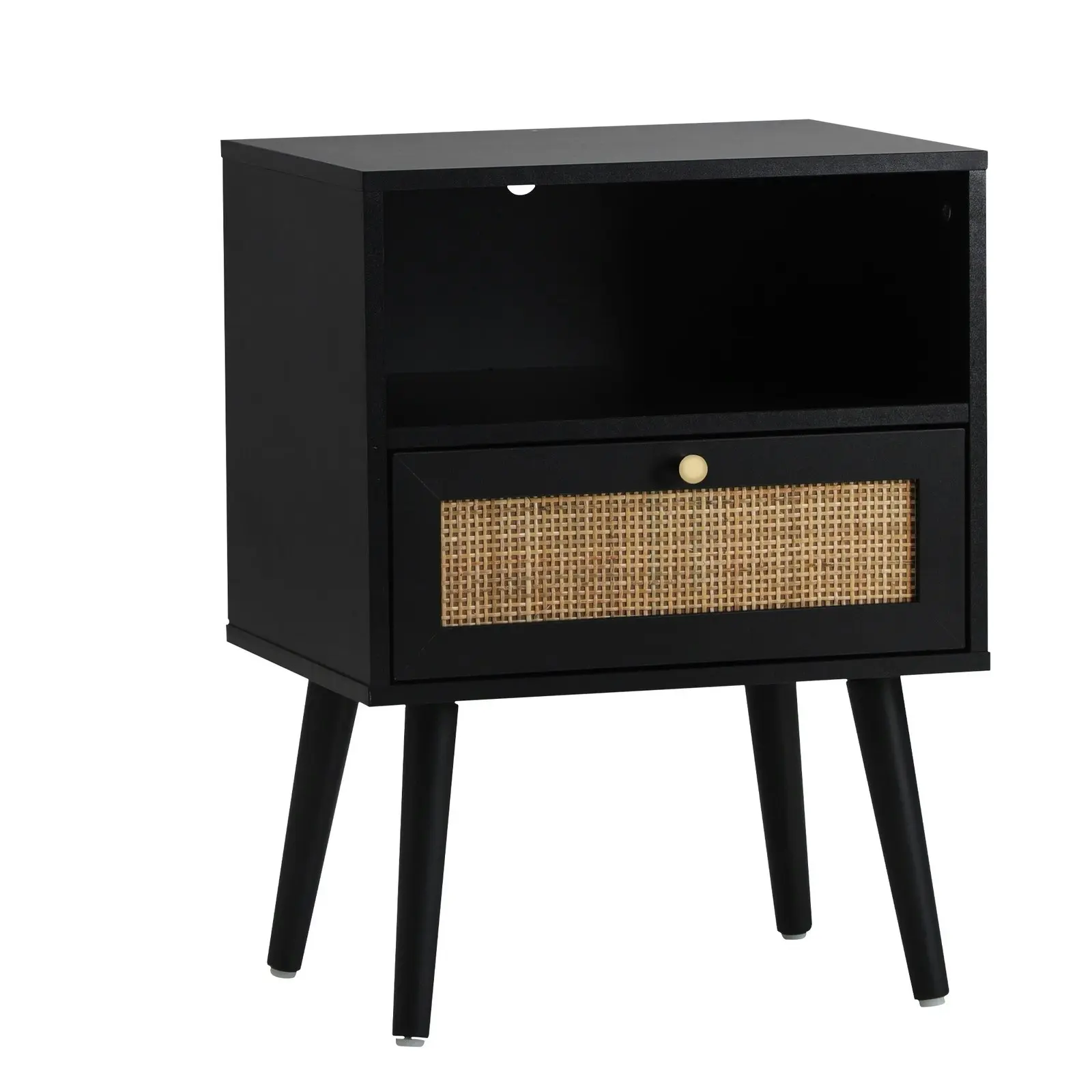 Oikiture Bedside Table Side Table Storage Drawer Shelf Nightstand Rattan Black