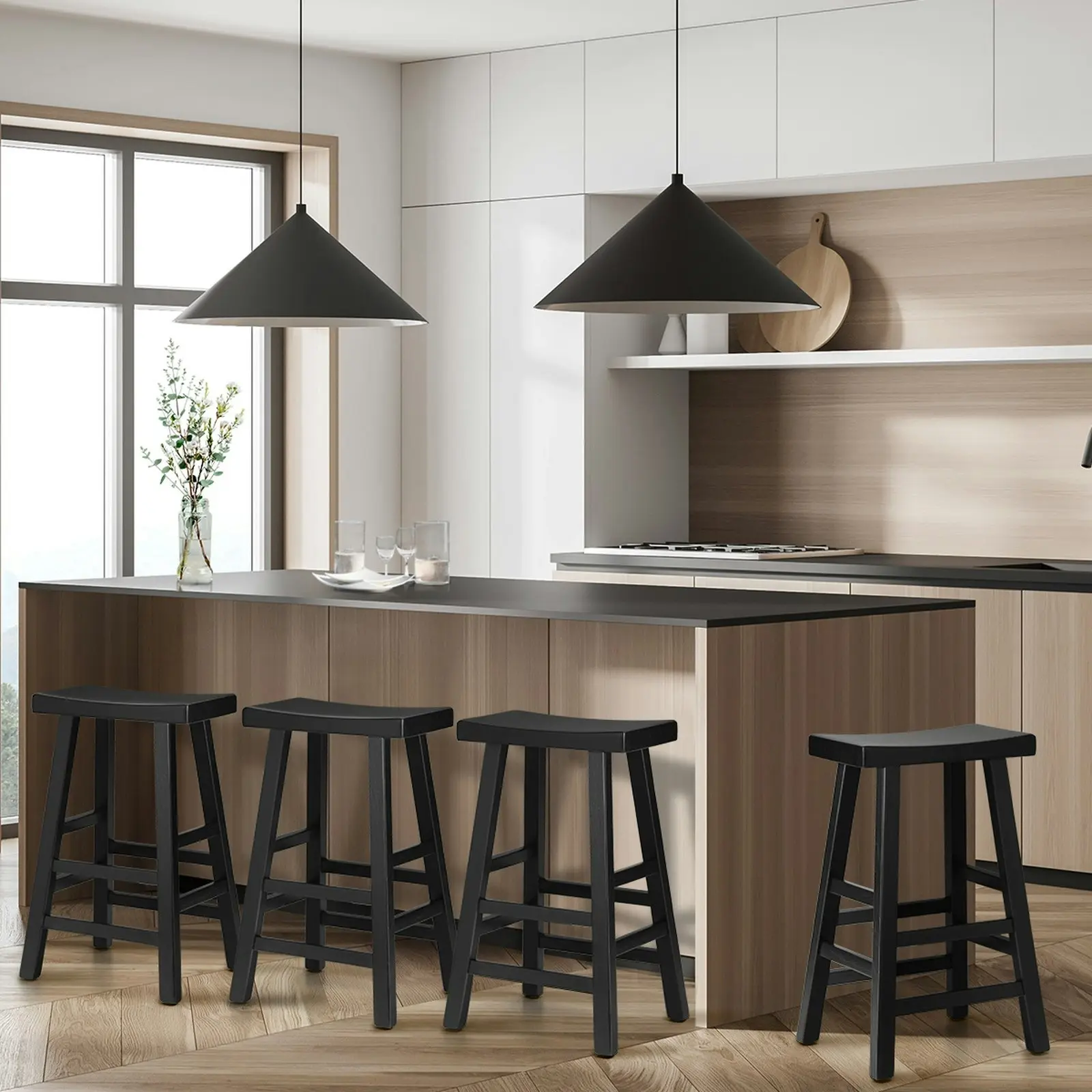 Oikiture 4X Bar Stools Kitchen Stool Wooden Counter Chairs Barstools Black