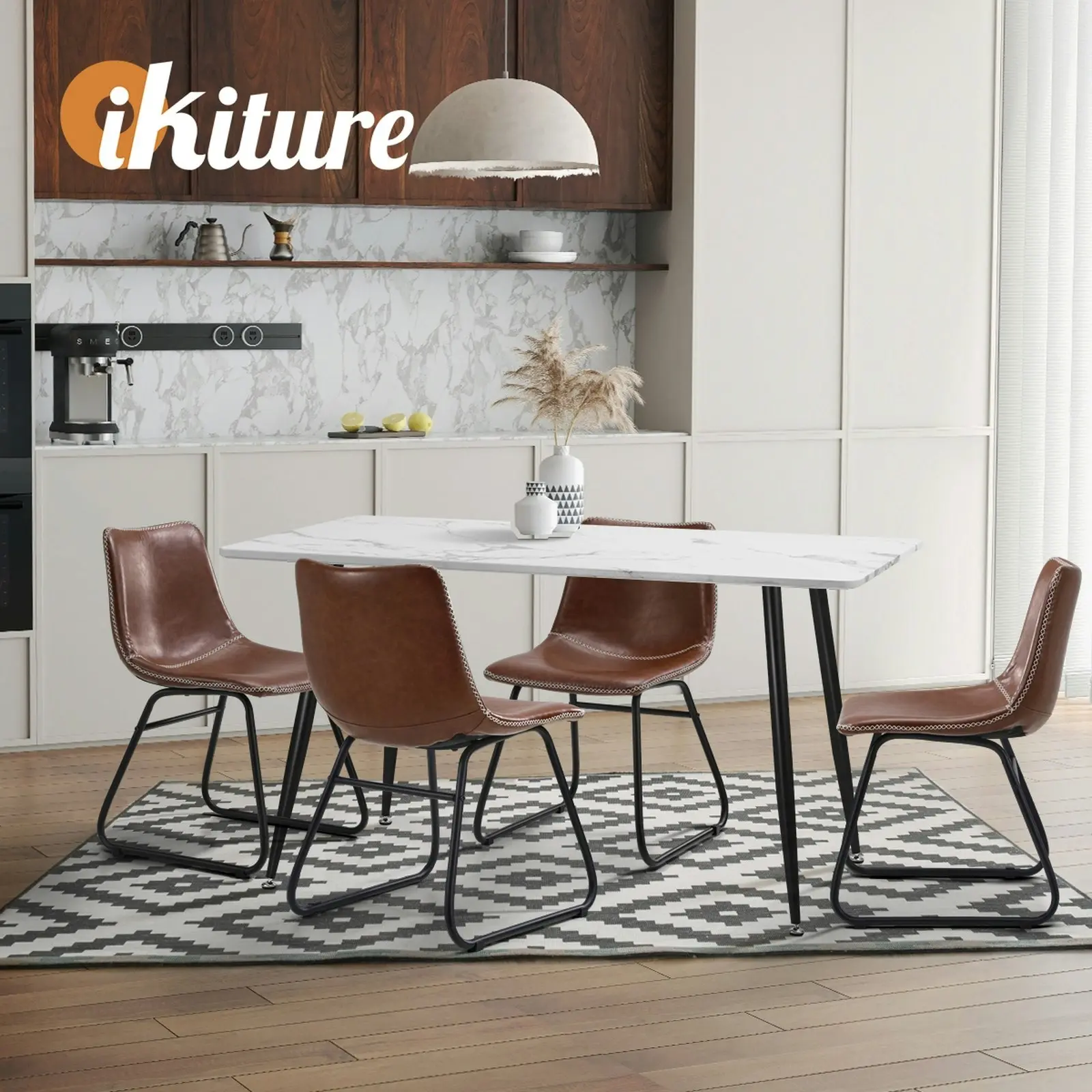 Oikiture 4x Dining Chairs Kitchen Table Chair Lounge Retro Padded Seat PU Brown