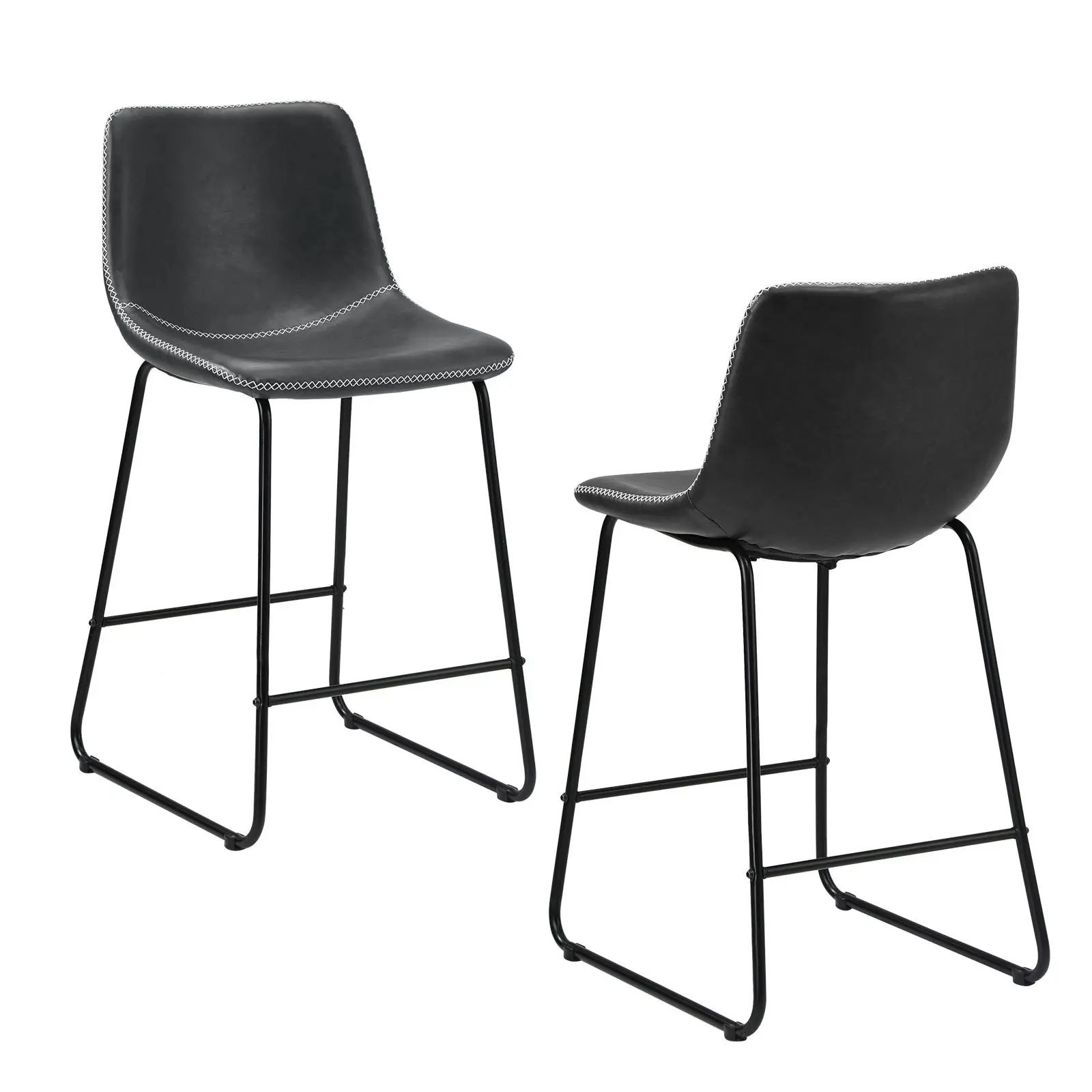 Oikiture 2x Bar Stools Kitchen Dining Chairs Leather Metal Grey