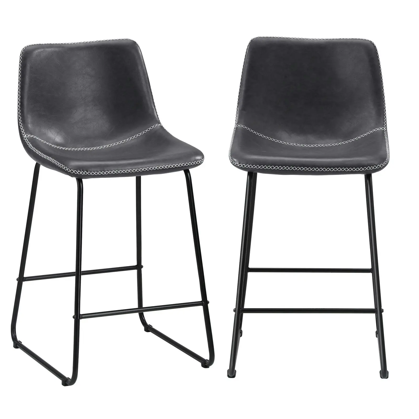 Oikiture 2x Bar Stools Kitchen Dining Chairs Leather Metal Grey