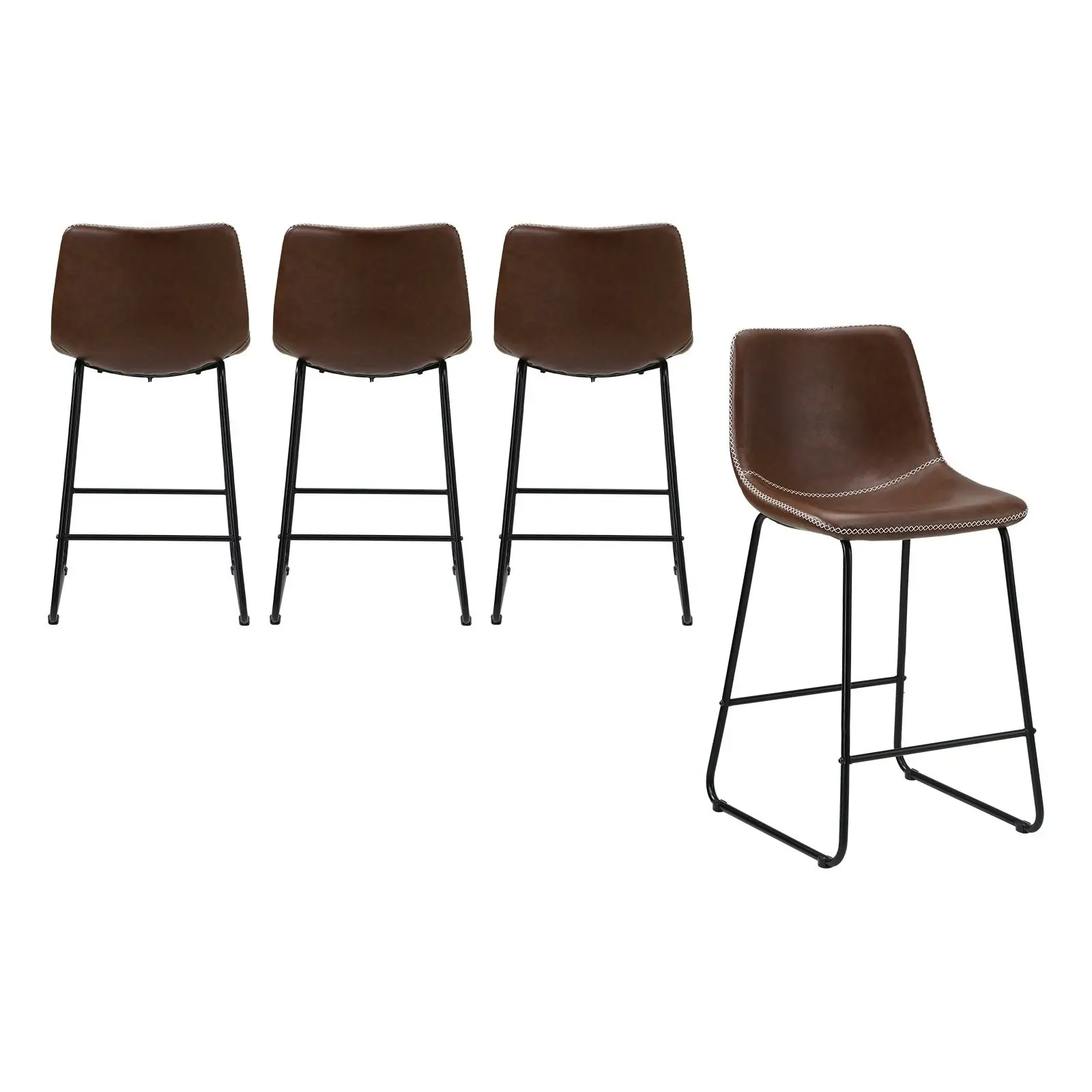 Oikiture 4x Bar Stools Kitchen Stool Dining Chairs Metal Leather Brown