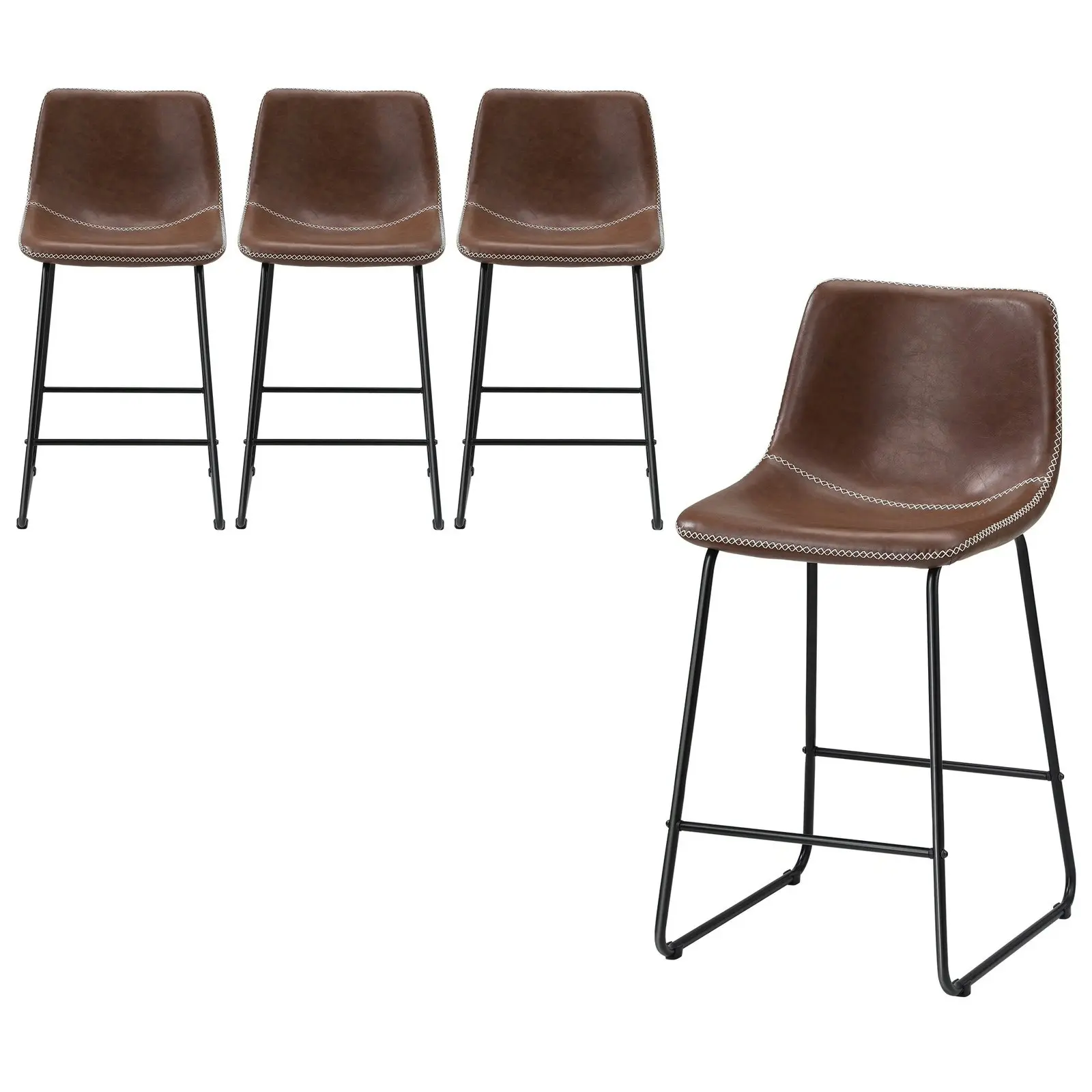 Oikiture 4x Bar Stools Kitchen Stool Dining Chairs Metal Leather Brown