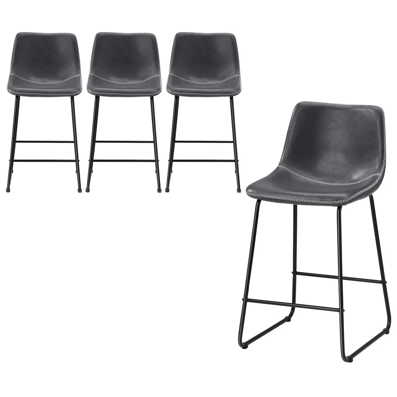 Oikiture 4x Bar Stools Kitchen Stool Dining Chairs Metal Leather Grey