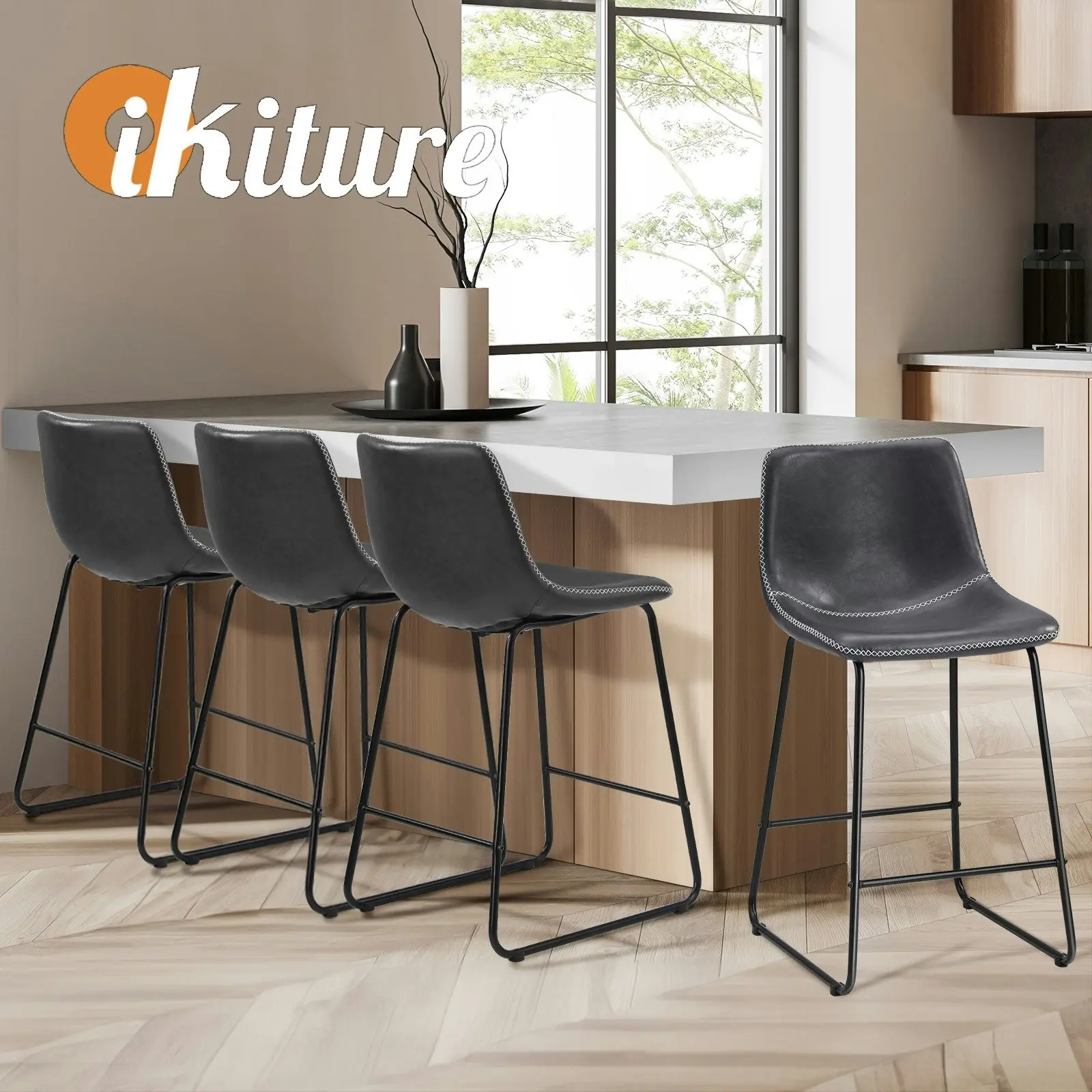 Oikiture 4x Bar Stools Kitchen Stool Dining Chairs Metal Leather Grey