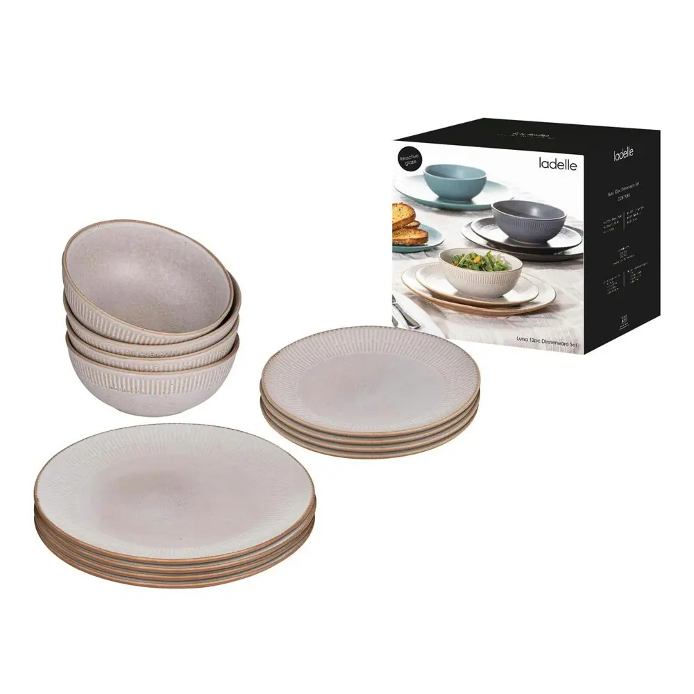 12pc Ladelle Luna Stoneware Side Plate/Dinner Bowl Dinnerware Set Round Natural