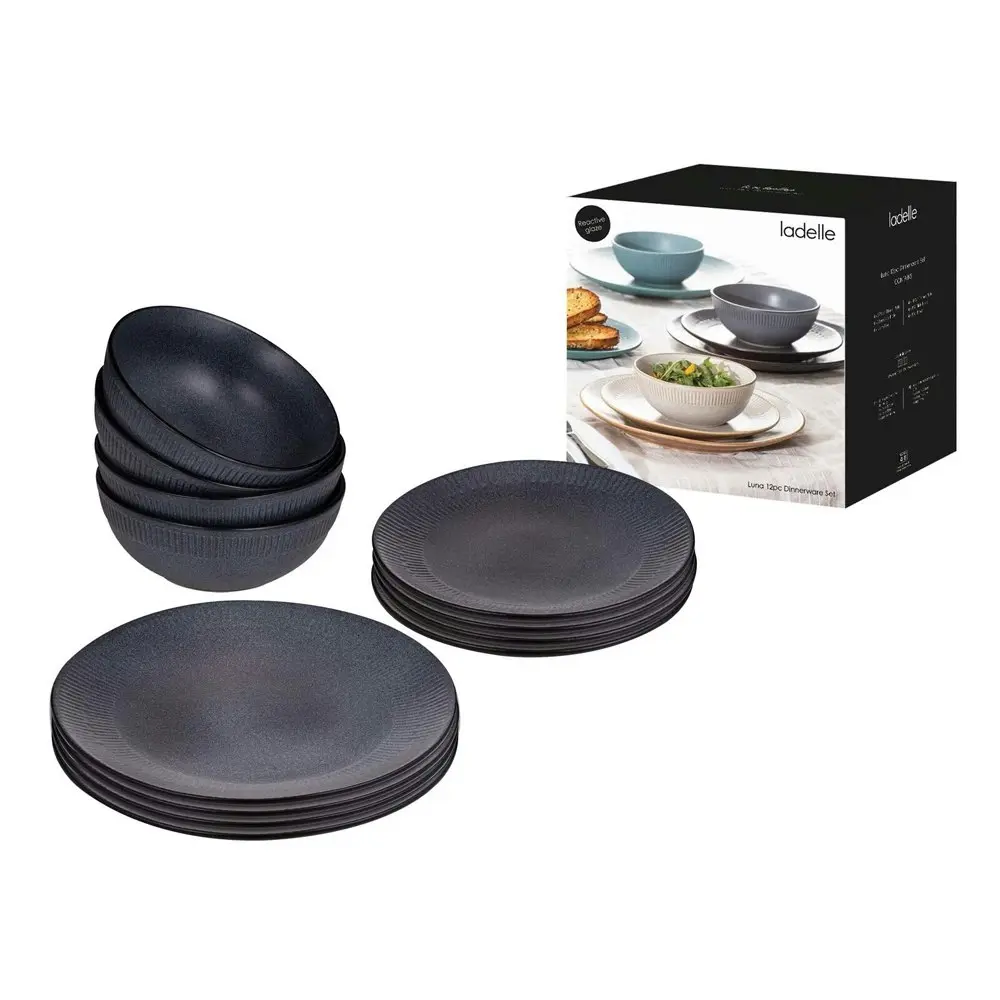 12pc Ladelle Luna Stoneware Side Plate/Dinner Bowl Dinnerware Set Round Charcoal