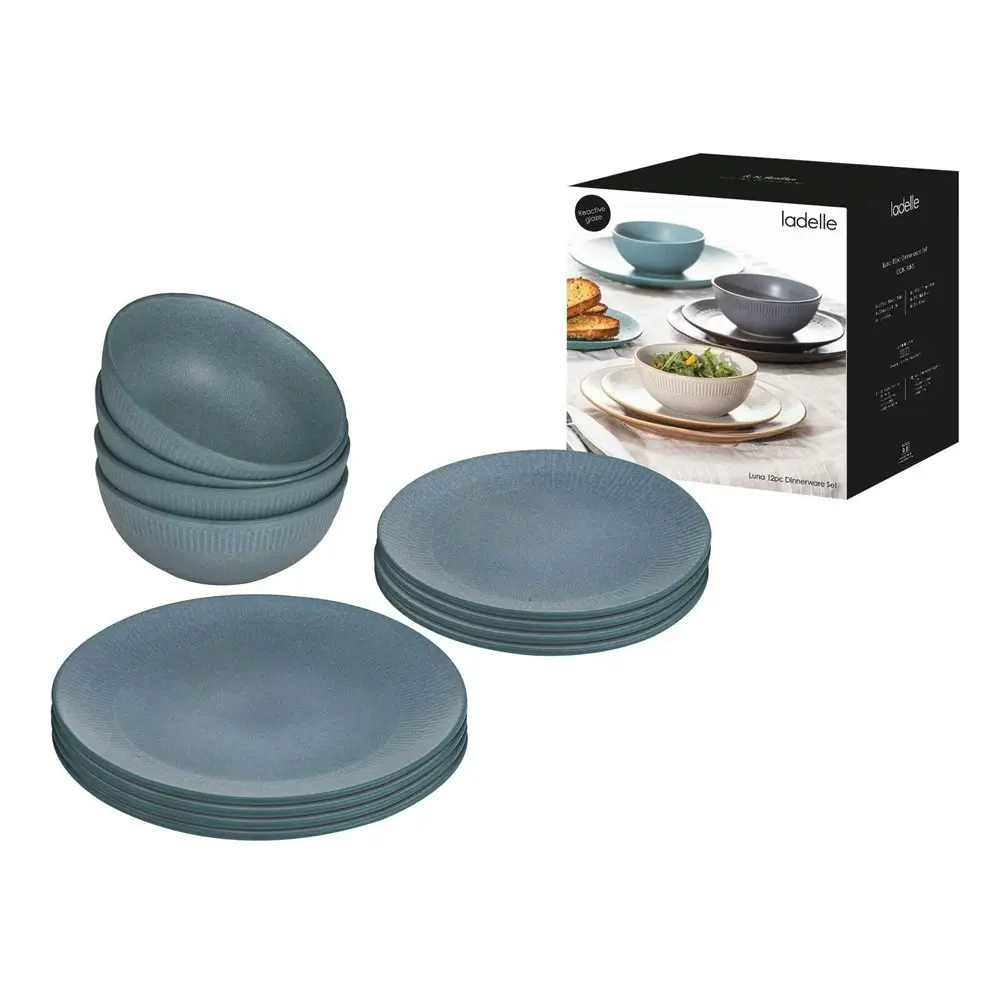 12pc Ladelle Luna Stoneware Side Plate/Dinner Bowl Dinnerware Set Round Teal