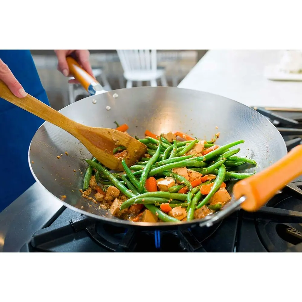 Ken Hom 36cm Carbon Steel Uncoated Wok Round Stir Fry Pan w/ Wood Handle Silver