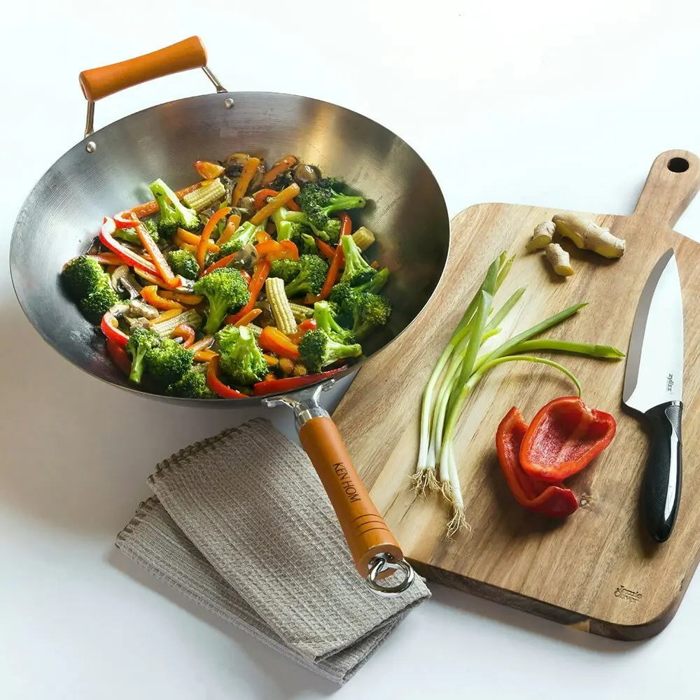 Ken Hom 36cm Carbon Steel Uncoated Wok Round Stir Fry Pan w/ Wood Handle Silver