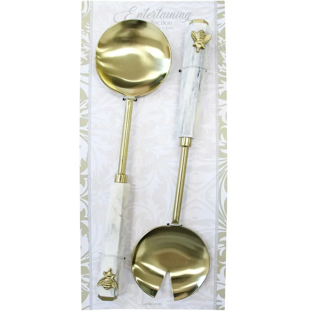 2pc Stainless Steel 28.5cm Bee Salad Server Spoon/Fork Serving Set Gold/White