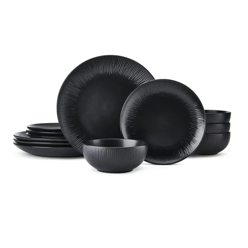 12pc Mikasa Jardin Midnight Stoneware Everyday Dining Dinner Set - Black